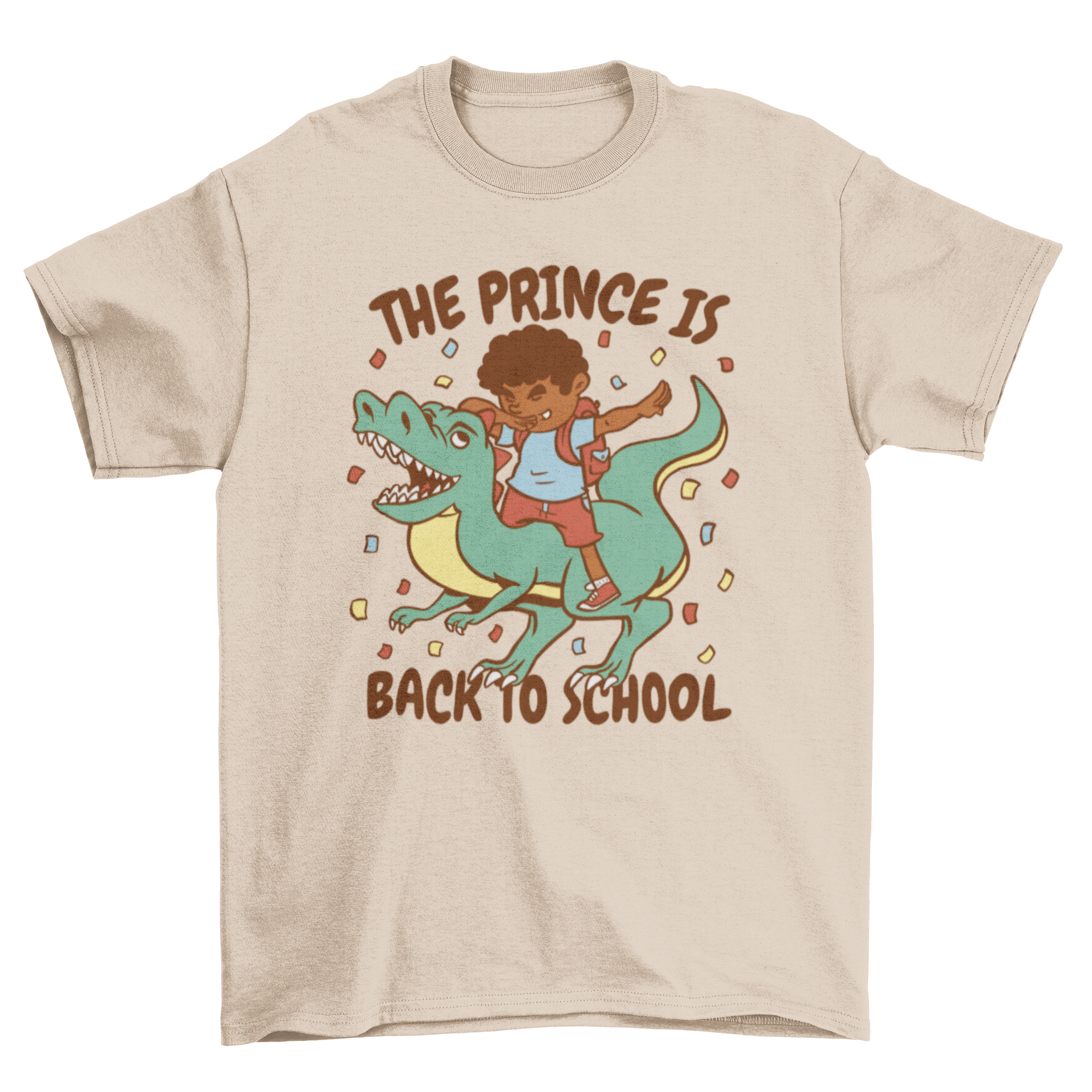 Youth t-shirt featuring a child riding a T-Rex with the quote 'The prince is back to school'.
