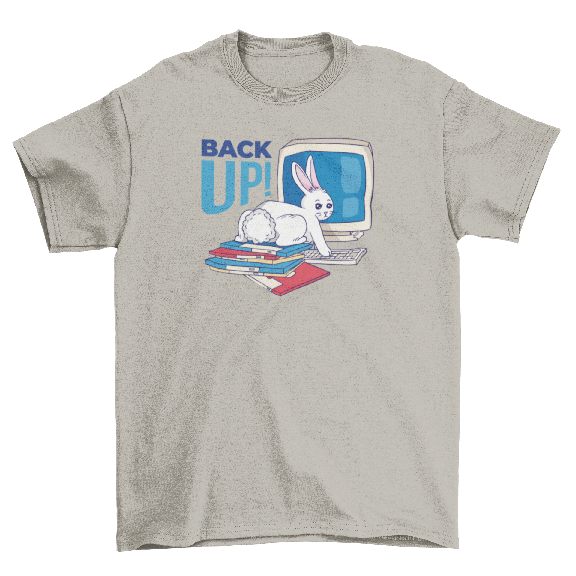 Back Up Bunny T-Shirt featuring a cute bunny on disks in front of a computer with the quote 'Back up!'