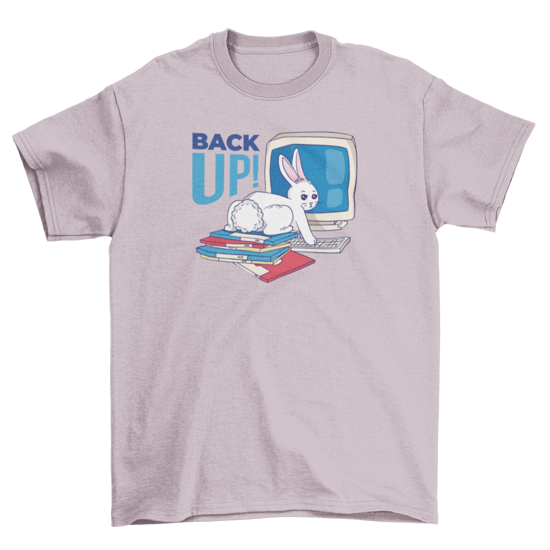 Back Up Bunny T-Shirt featuring a cute bunny on disks in front of a computer with the quote 'Back up!'