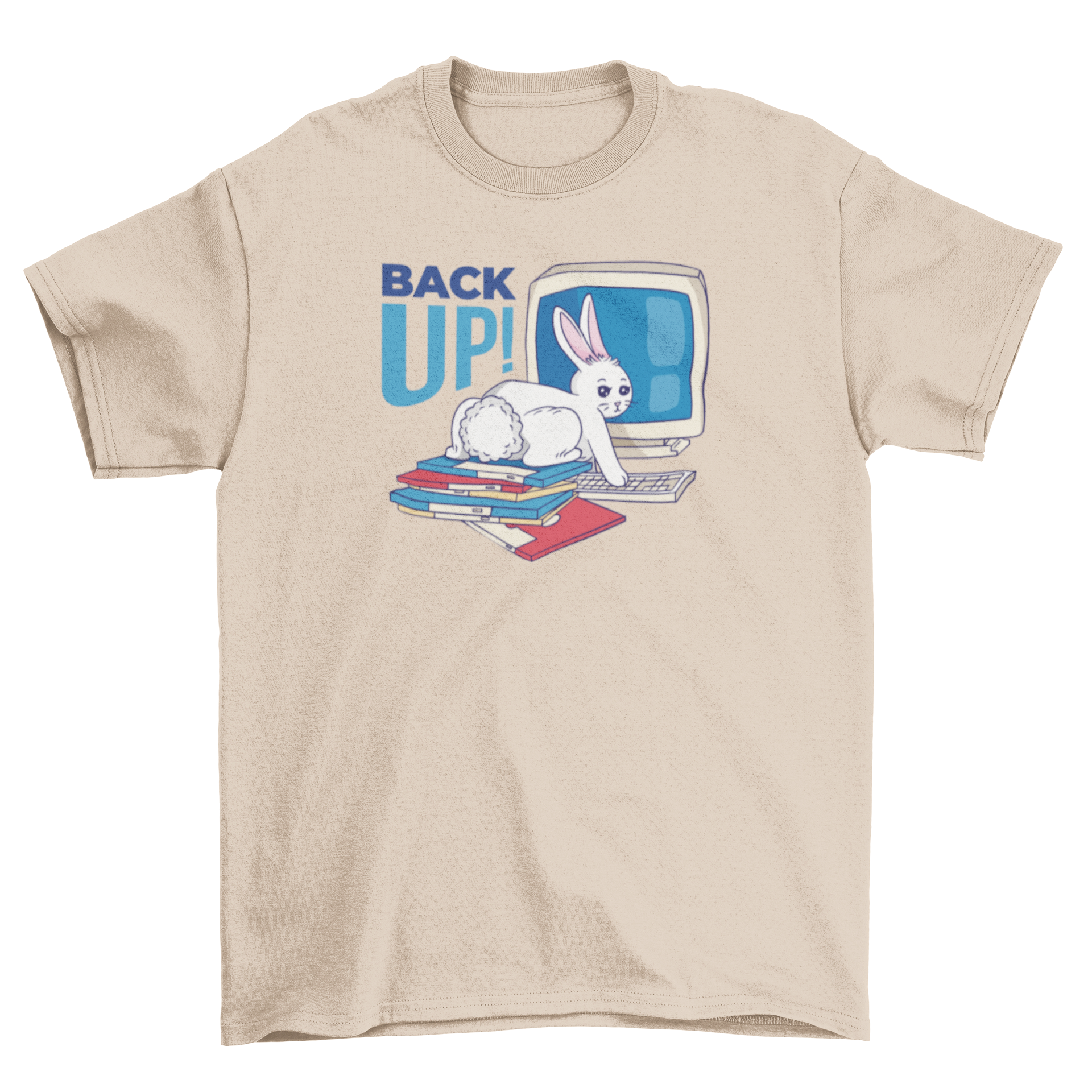Back Up Bunny T-Shirt featuring a cute bunny on disks in front of a computer with the quote 'Back up!'