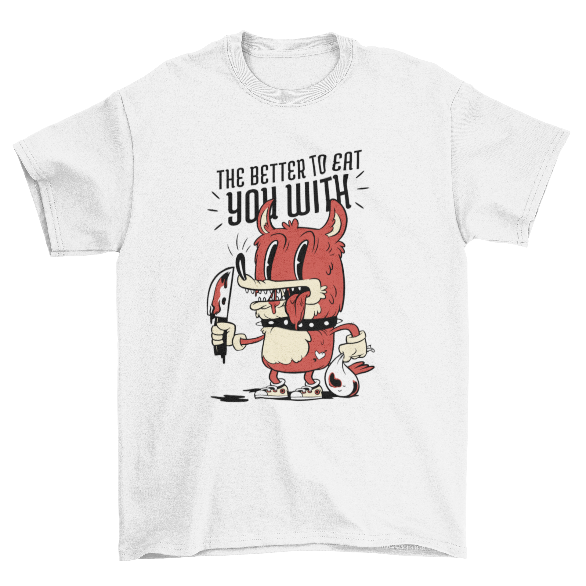 A vibrant red cartoon wolf holding a bloody knife with the quote 'The better to eat you with' on a t-shirt.