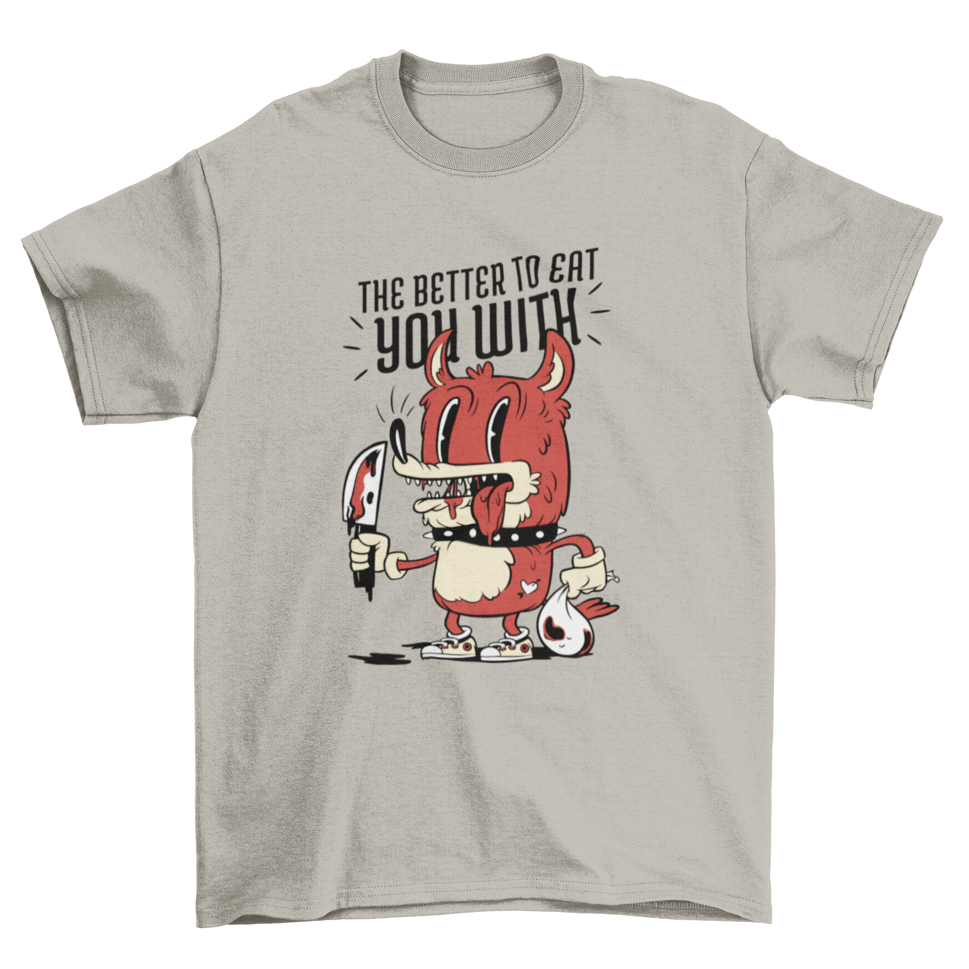 A vibrant red cartoon wolf holding a bloody knife with the quote 'The better to eat you with' on a t-shirt.