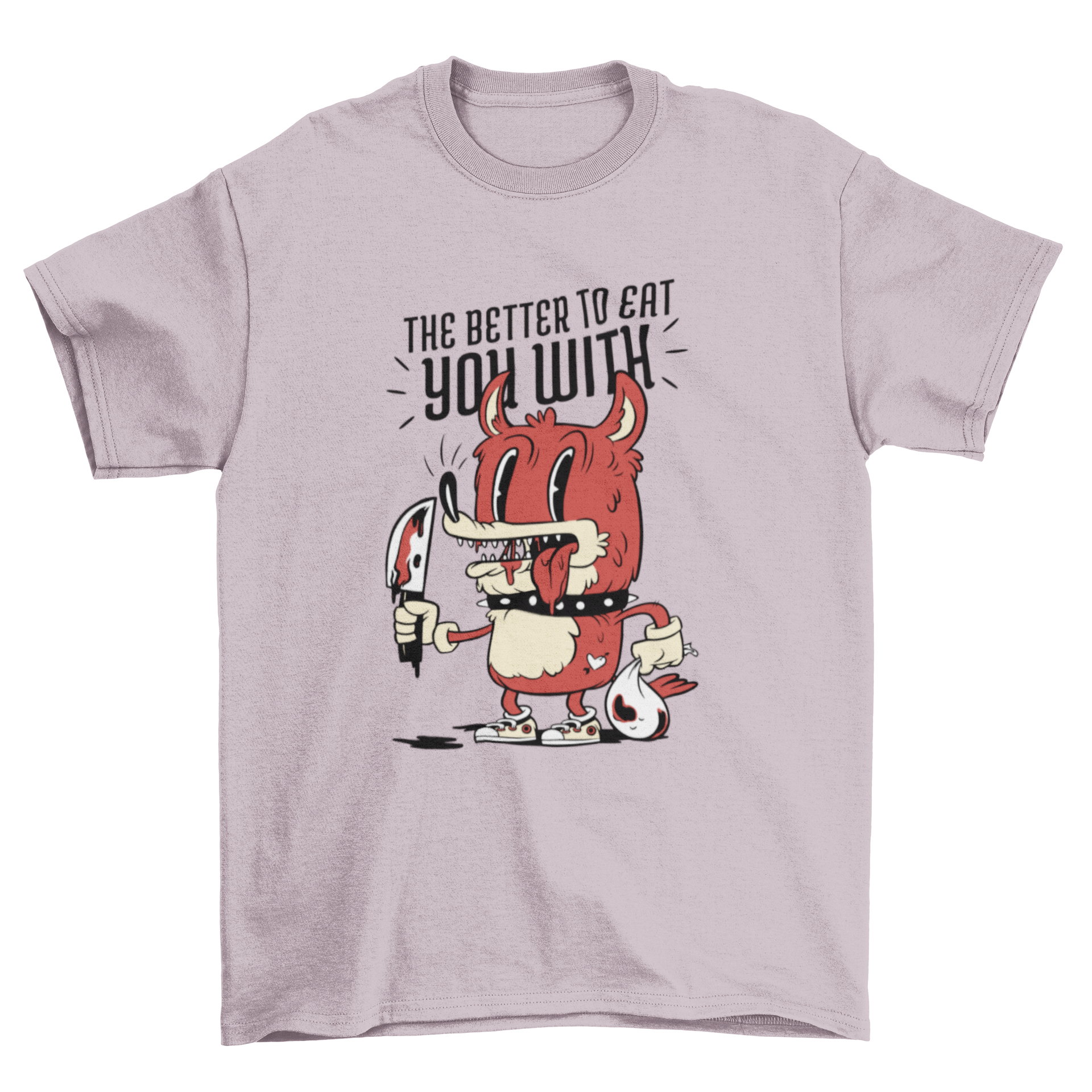 A vibrant red cartoon wolf holding a bloody knife with the quote 'The better to eat you with' on a t-shirt.