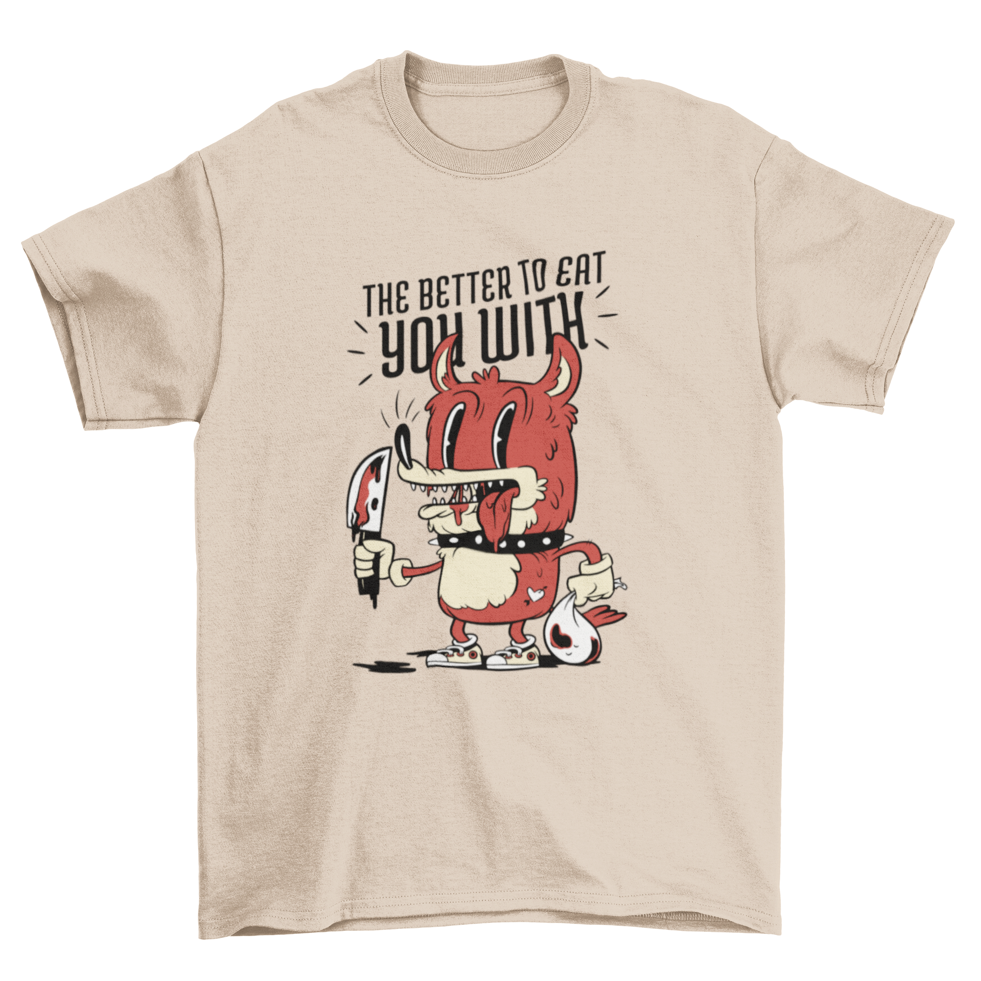 A vibrant red cartoon wolf holding a bloody knife with the quote 'The better to eat you with' on a t-shirt.
