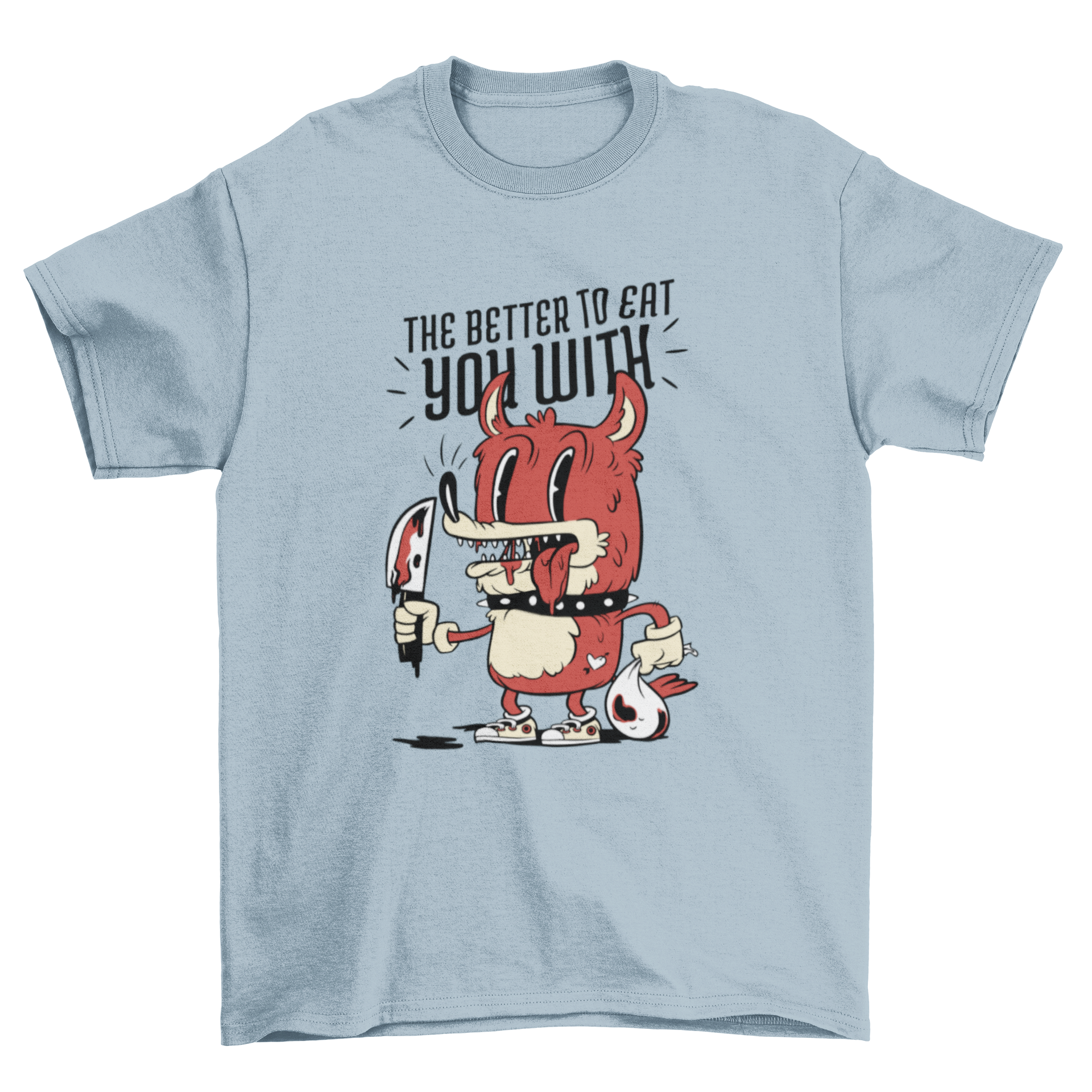 A vibrant red cartoon wolf holding a bloody knife with the quote 'The better to eat you with' on a t-shirt.