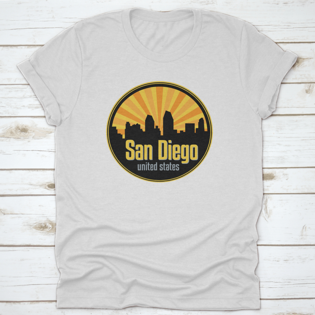 Vector illustration of the San Diego skyline, showcasing iconic buildings and landmarks in a stylish badge, label, or stamp design.