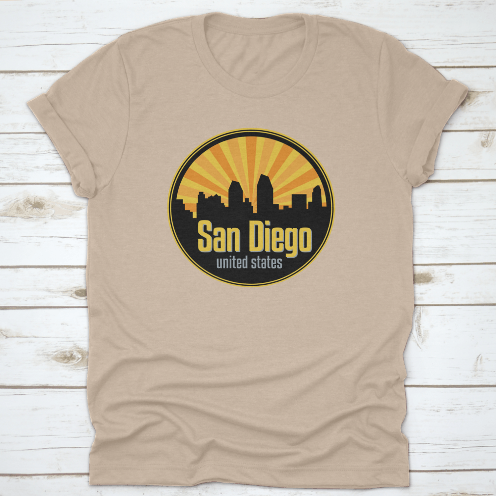 Vector illustration of the San Diego skyline, showcasing iconic buildings and landmarks in a stylish badge, label, or stamp design.