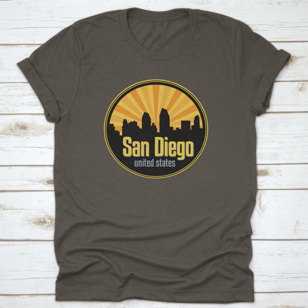 Vector illustration of the San Diego skyline, showcasing iconic buildings and landmarks in a stylish badge, label, or stamp design.