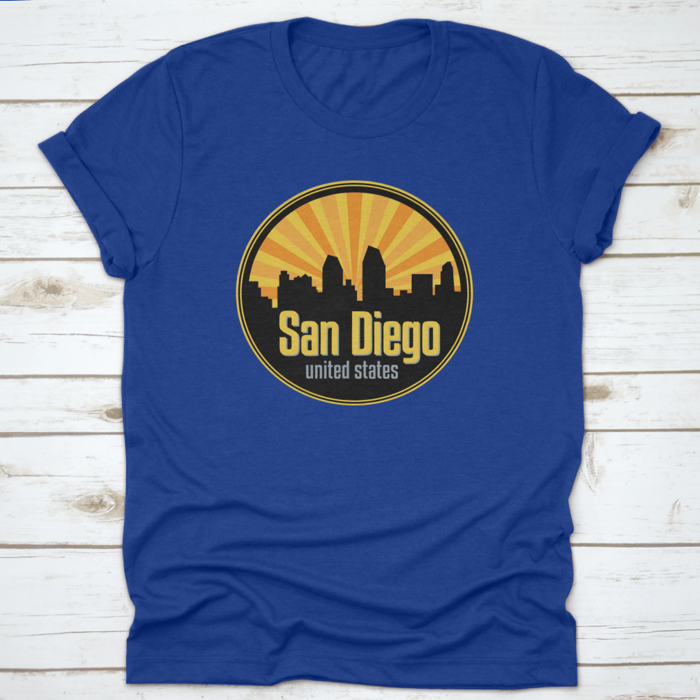 Vector illustration of the San Diego skyline, showcasing iconic buildings and landmarks in a stylish badge, label, or stamp design.
