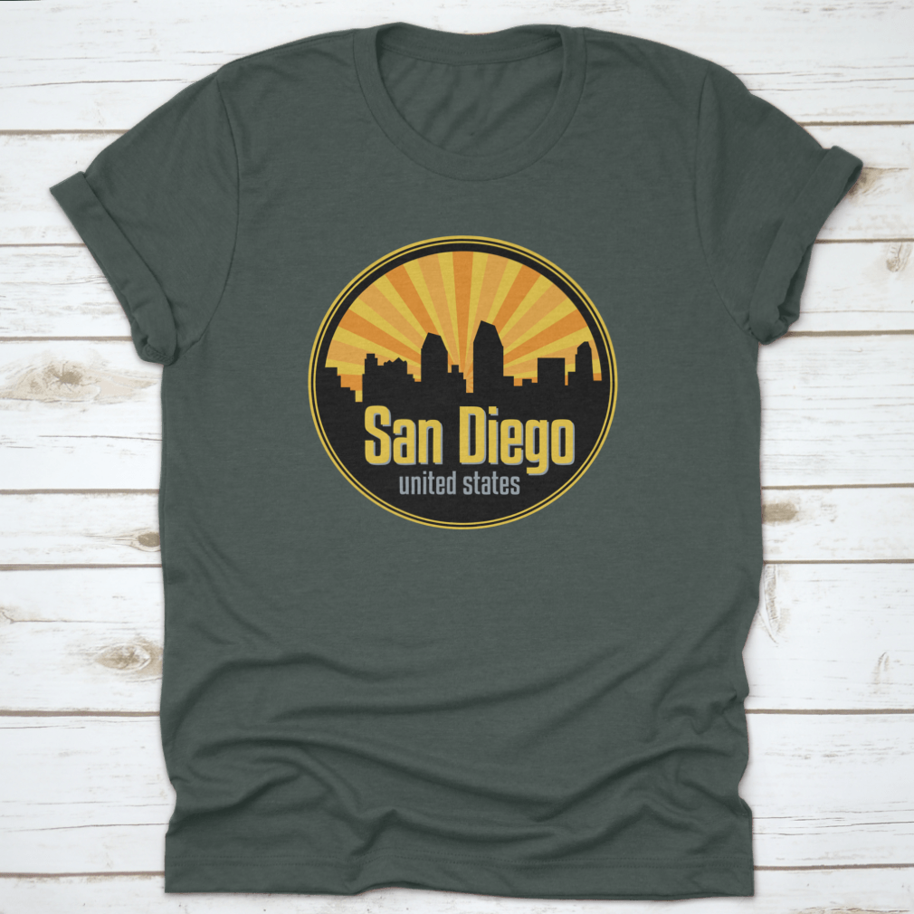 Vector illustration of the San Diego skyline, showcasing iconic buildings and landmarks in a stylish badge, label, or stamp design.