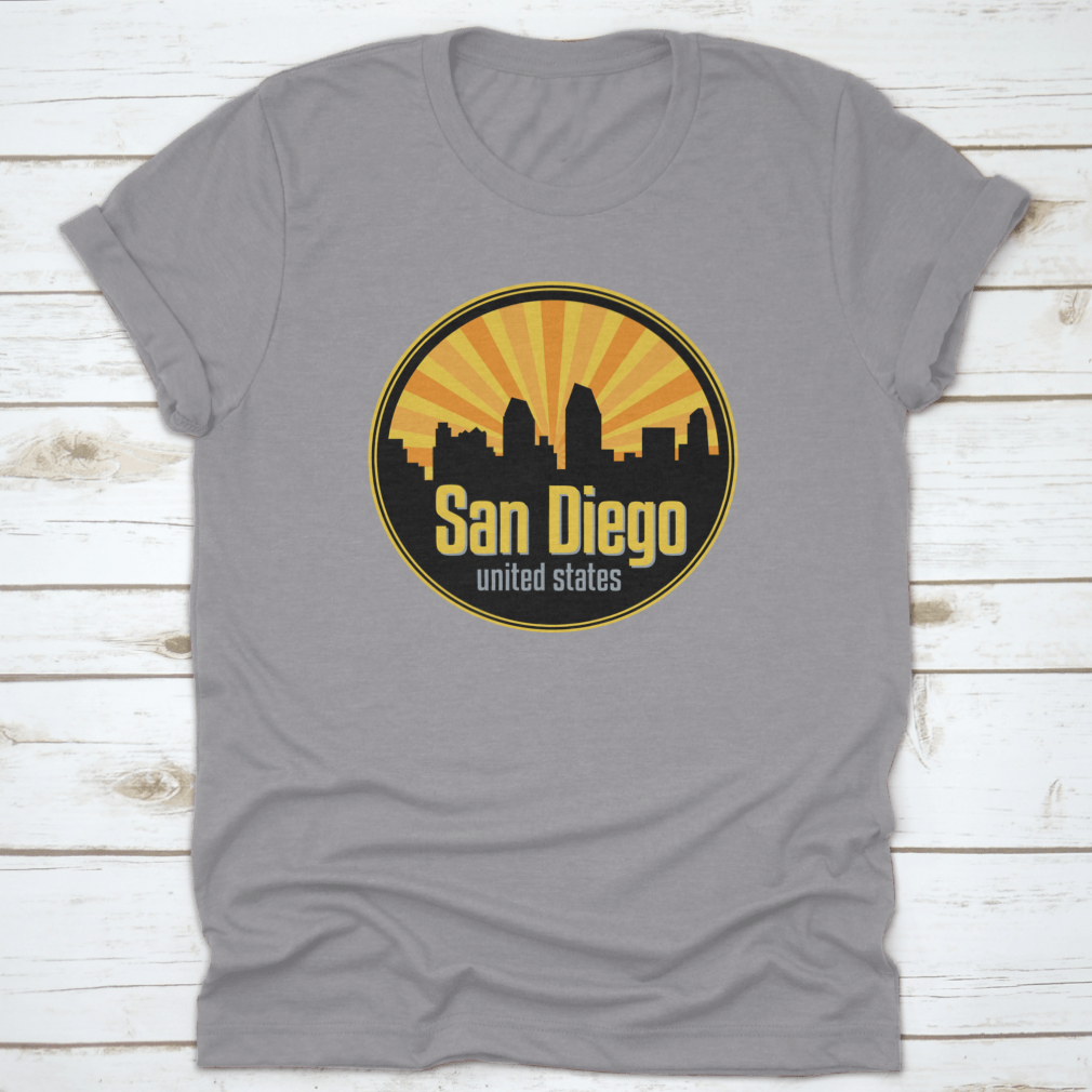 Vector illustration of the San Diego skyline, showcasing iconic buildings and landmarks in a stylish badge, label, or stamp design.