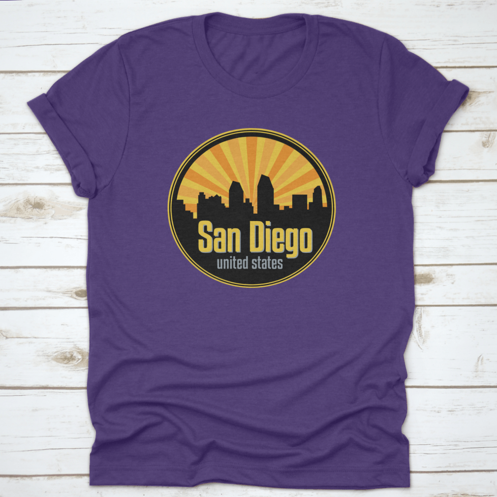 Vector illustration of the San Diego skyline, showcasing iconic buildings and landmarks in a stylish badge, label, or stamp design.