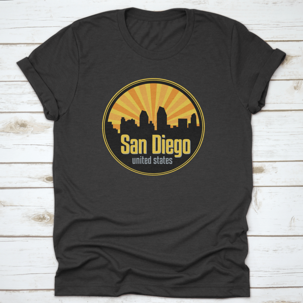 Vector illustration of the San Diego skyline, showcasing iconic buildings and landmarks in a stylish badge, label, or stamp design.