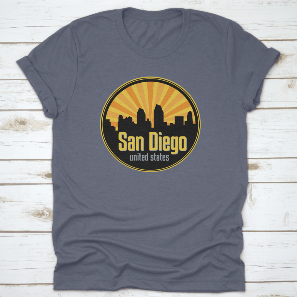 Vector illustration of the San Diego skyline, showcasing iconic buildings and landmarks in a stylish badge, label, or stamp design.