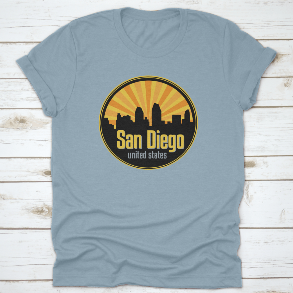 Vector illustration of the San Diego skyline, showcasing iconic buildings and landmarks in a stylish badge, label, or stamp design.