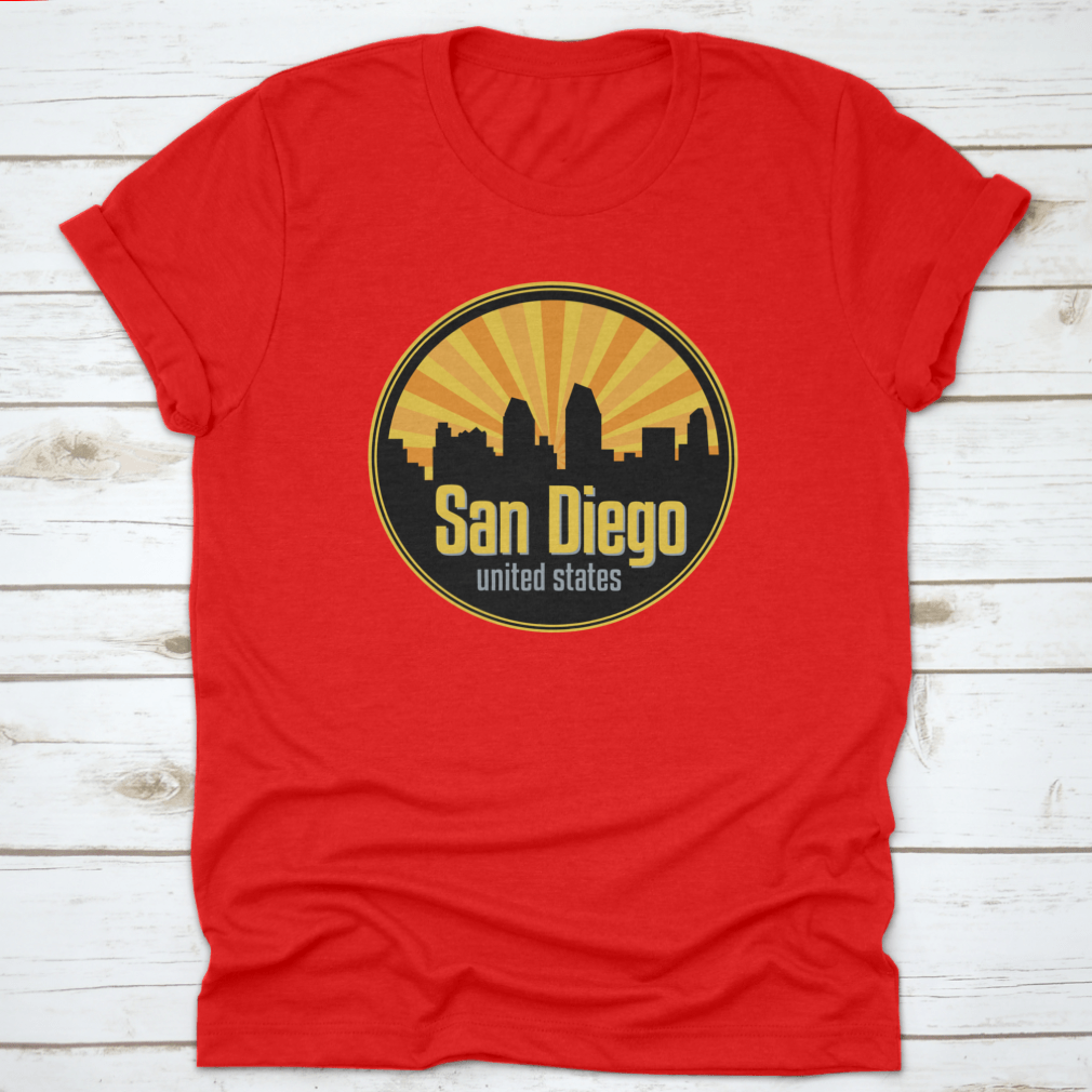 Vector illustration of the San Diego skyline, showcasing iconic buildings and landmarks in a stylish badge, label, or stamp design.