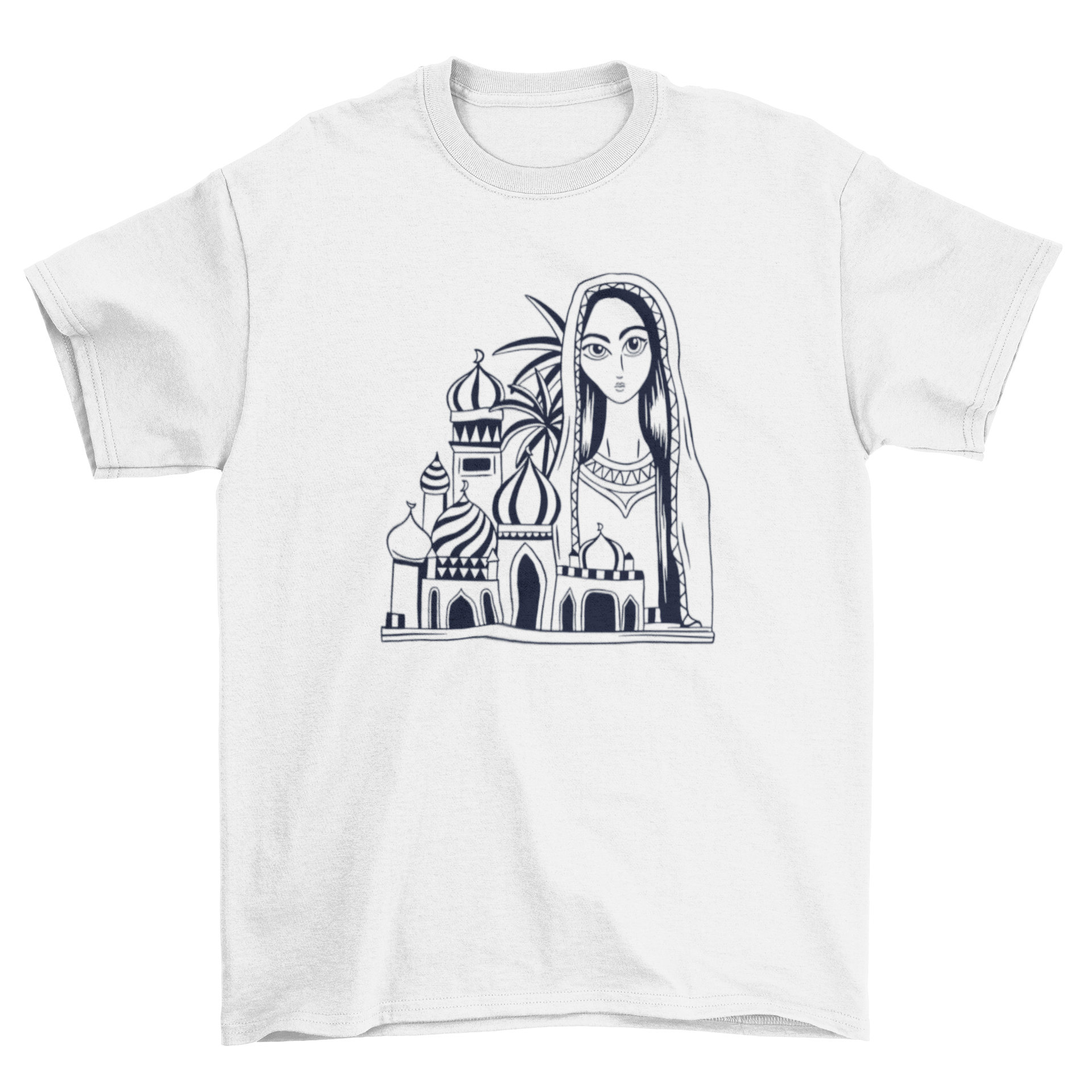 Black and white t-shirt featuring an intricate illustration of Baghdad, showcasing the city's iconic architecture and cultural elements.