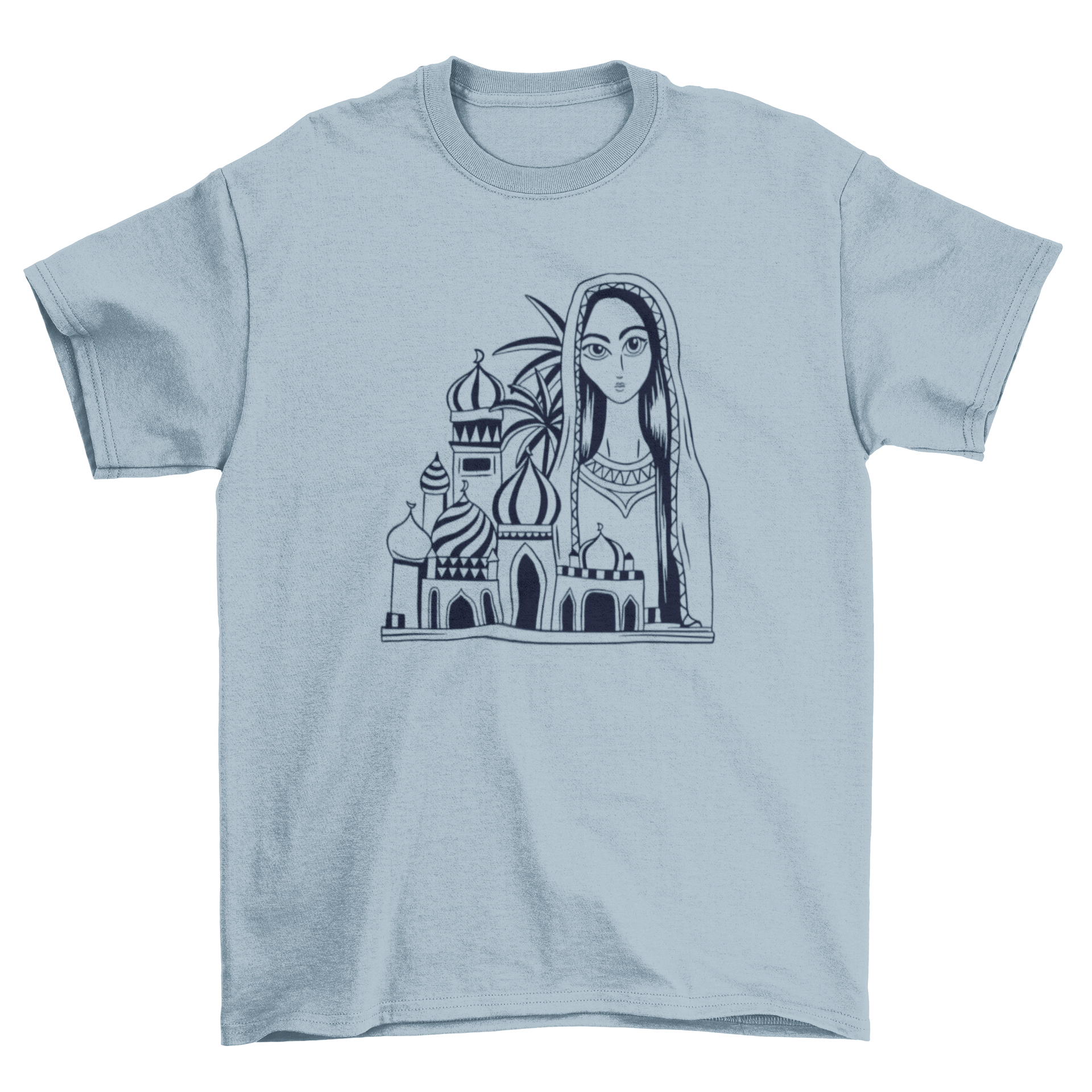 Black and white t-shirt featuring an intricate illustration of Baghdad, showcasing the city's iconic architecture and cultural elements.