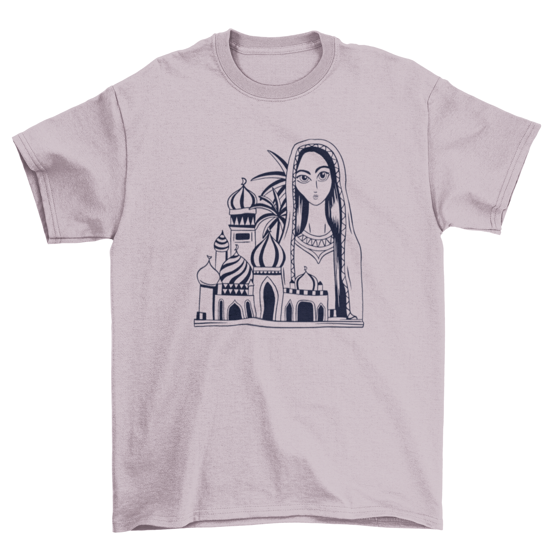 Black and white t-shirt featuring an intricate illustration of Baghdad, showcasing the city's iconic architecture and cultural elements.