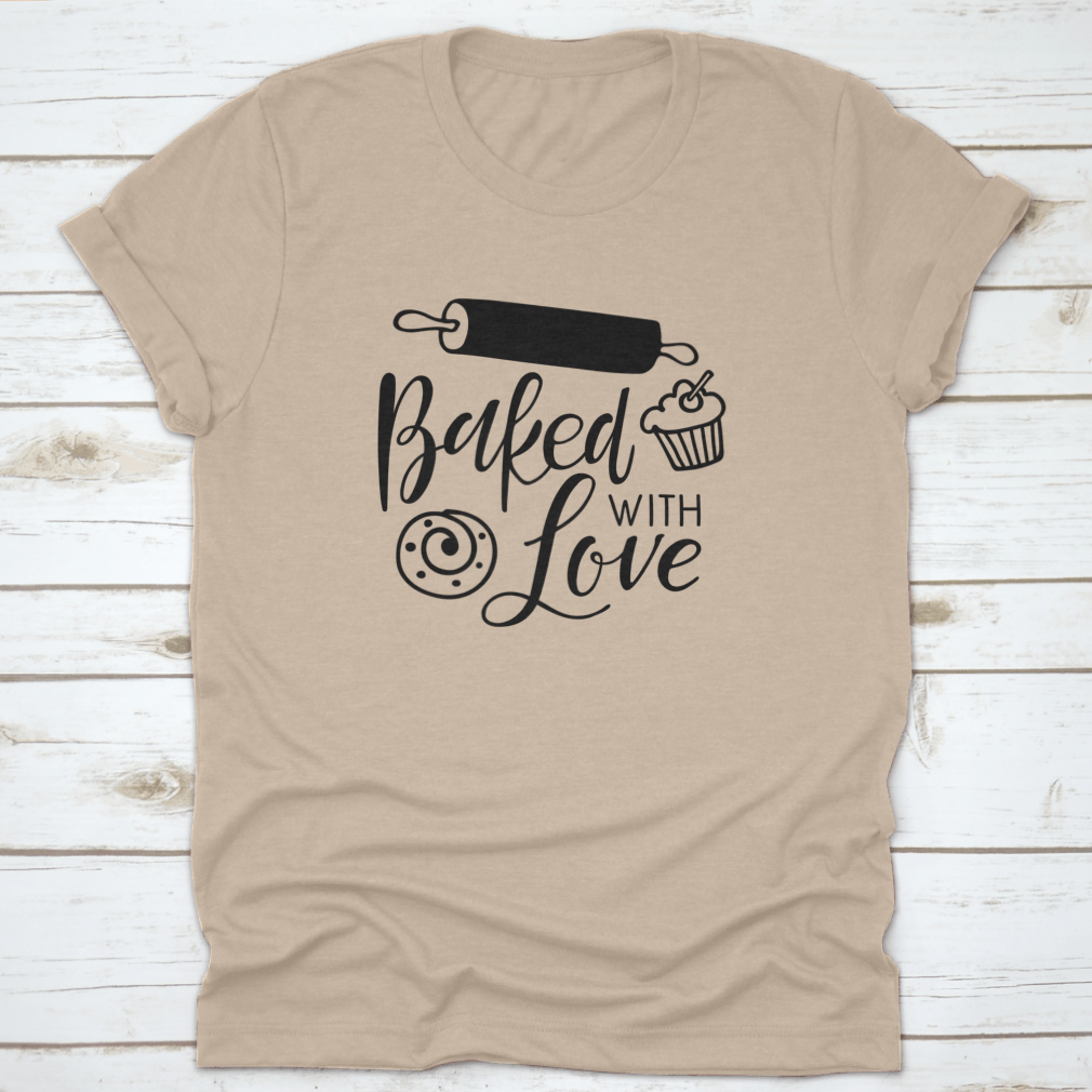 Baked With Love Calligraphy kitchen poster featuring elegant hand lettering on a soft cotton fabric, perfect for home decor.