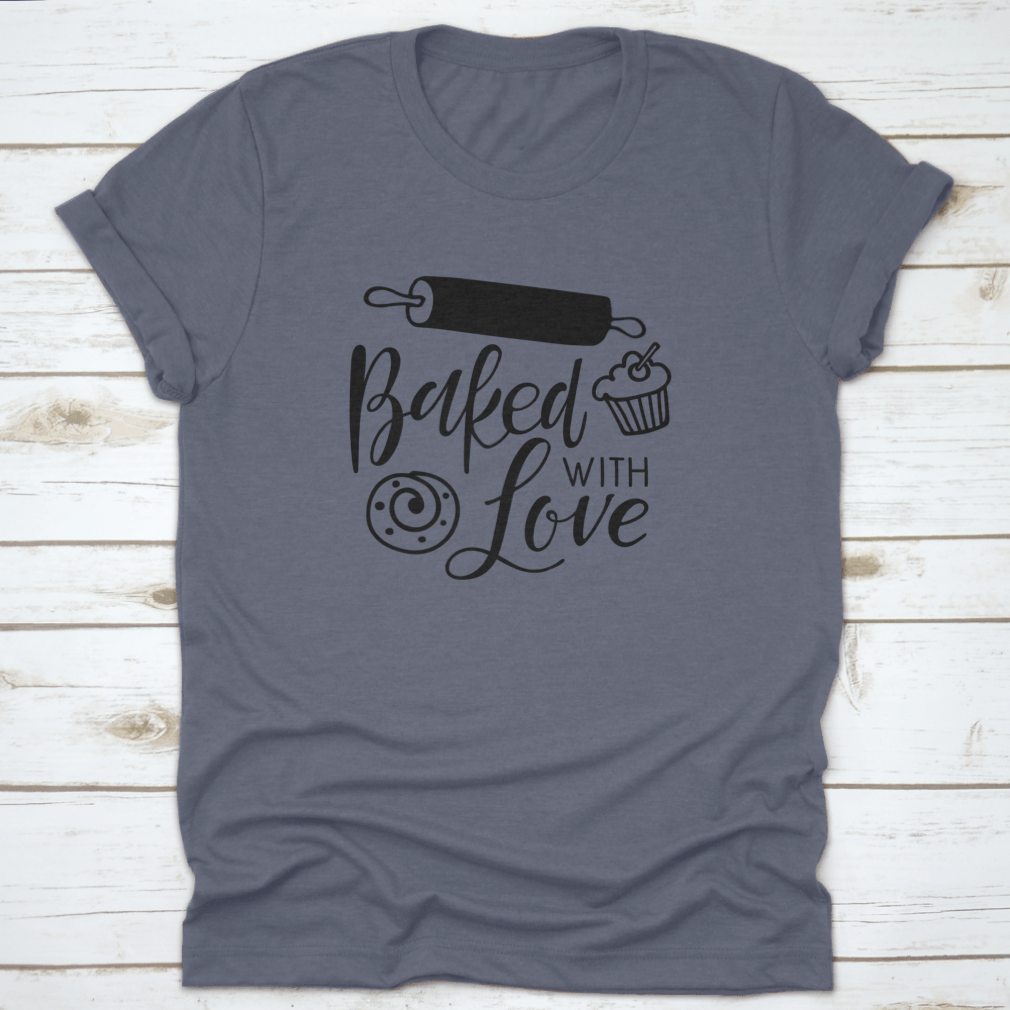 Baked With Love Calligraphy kitchen poster featuring elegant hand lettering on a soft cotton fabric, perfect for home decor.