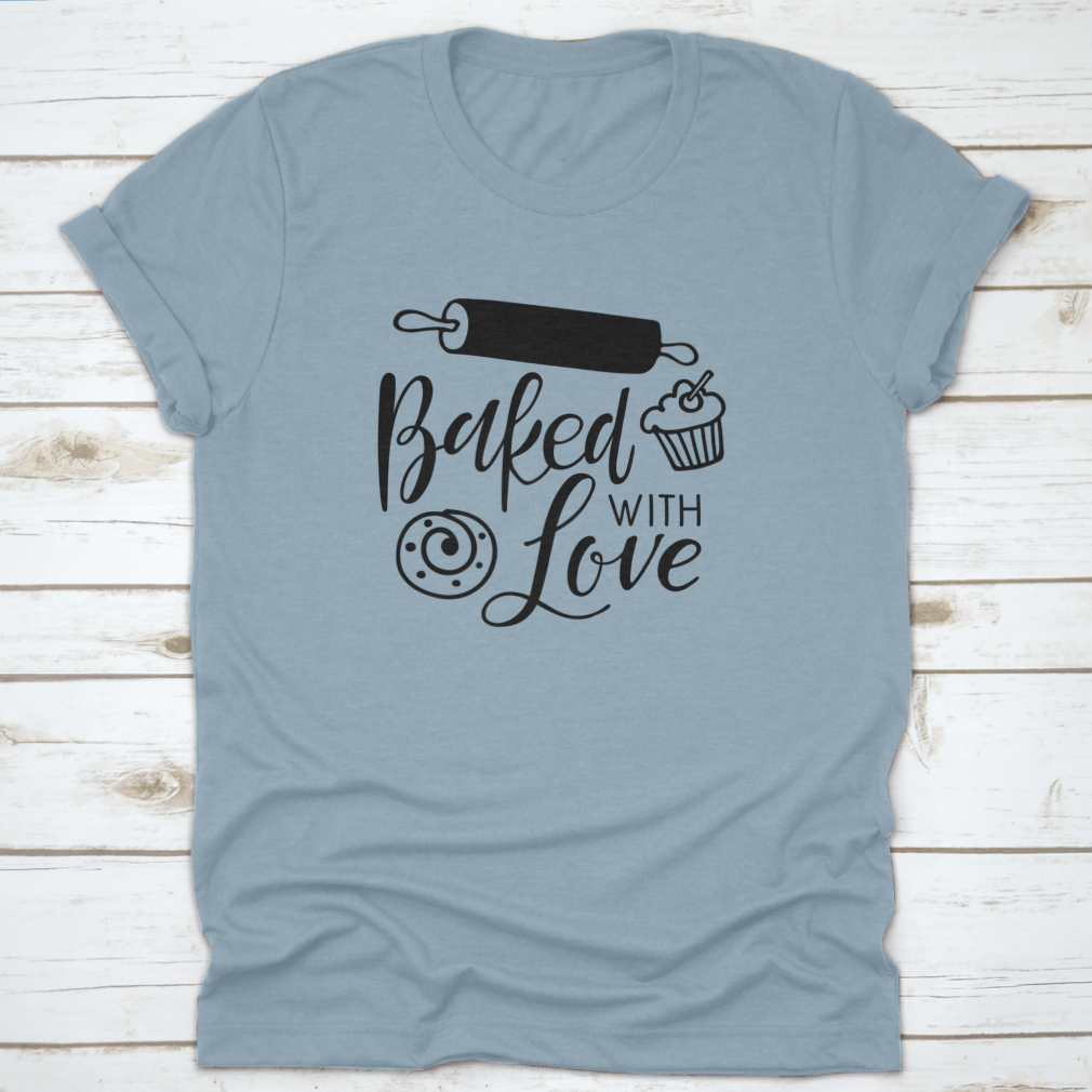 Baked With Love Calligraphy kitchen poster featuring elegant hand lettering on a soft cotton fabric, perfect for home decor.