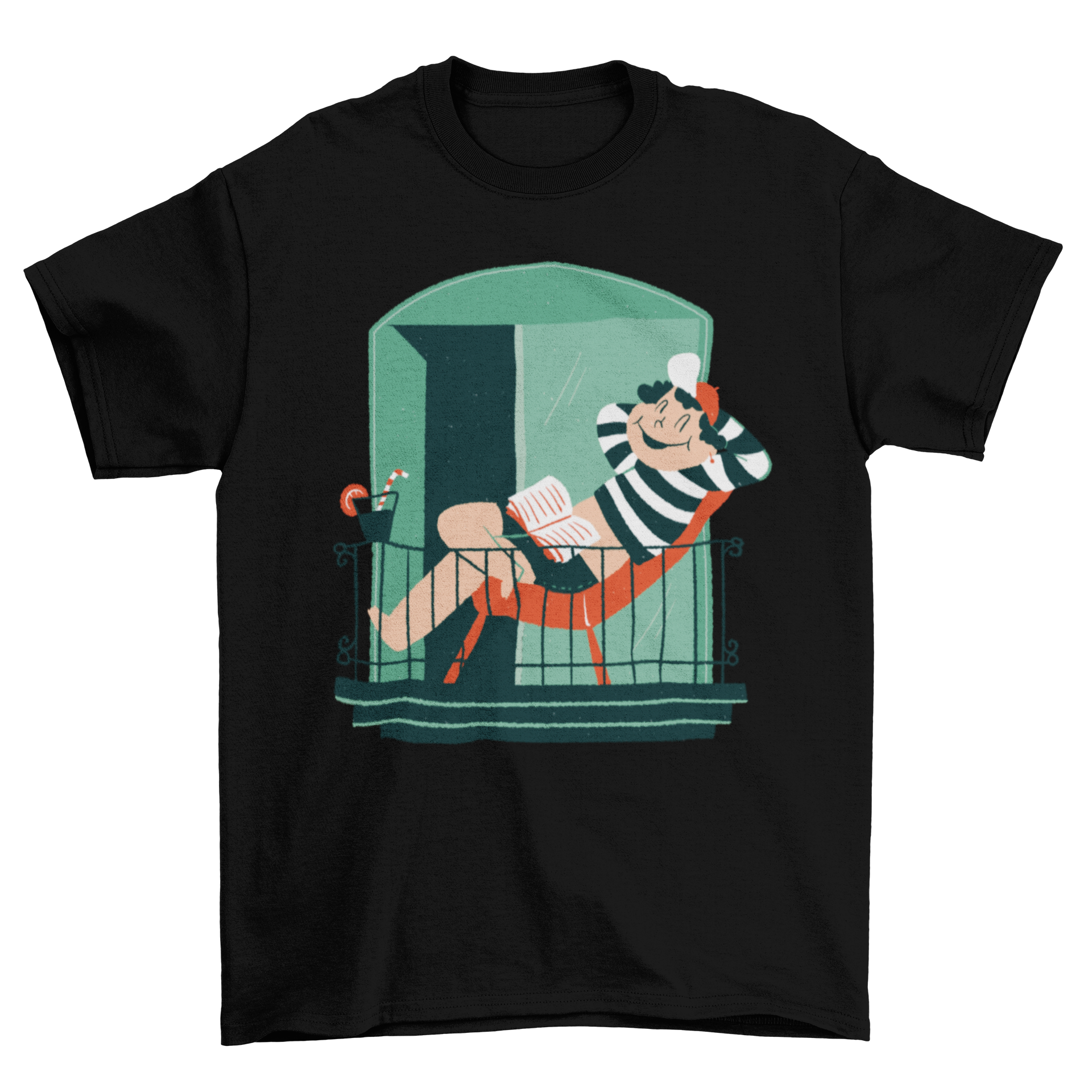 A colorful T-shirt design featuring a boy relaxing on a balcony, perfect for casual wear and merchandise.