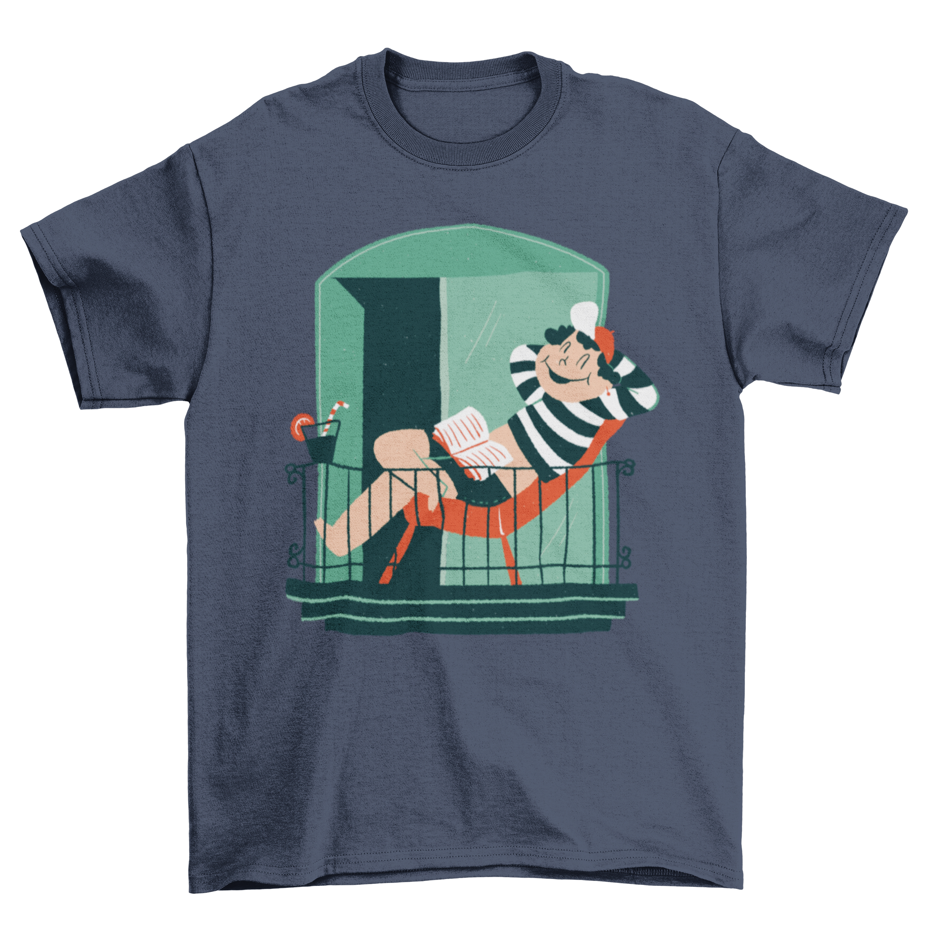 A colorful T-shirt design featuring a boy relaxing on a balcony, perfect for casual wear and merchandise.