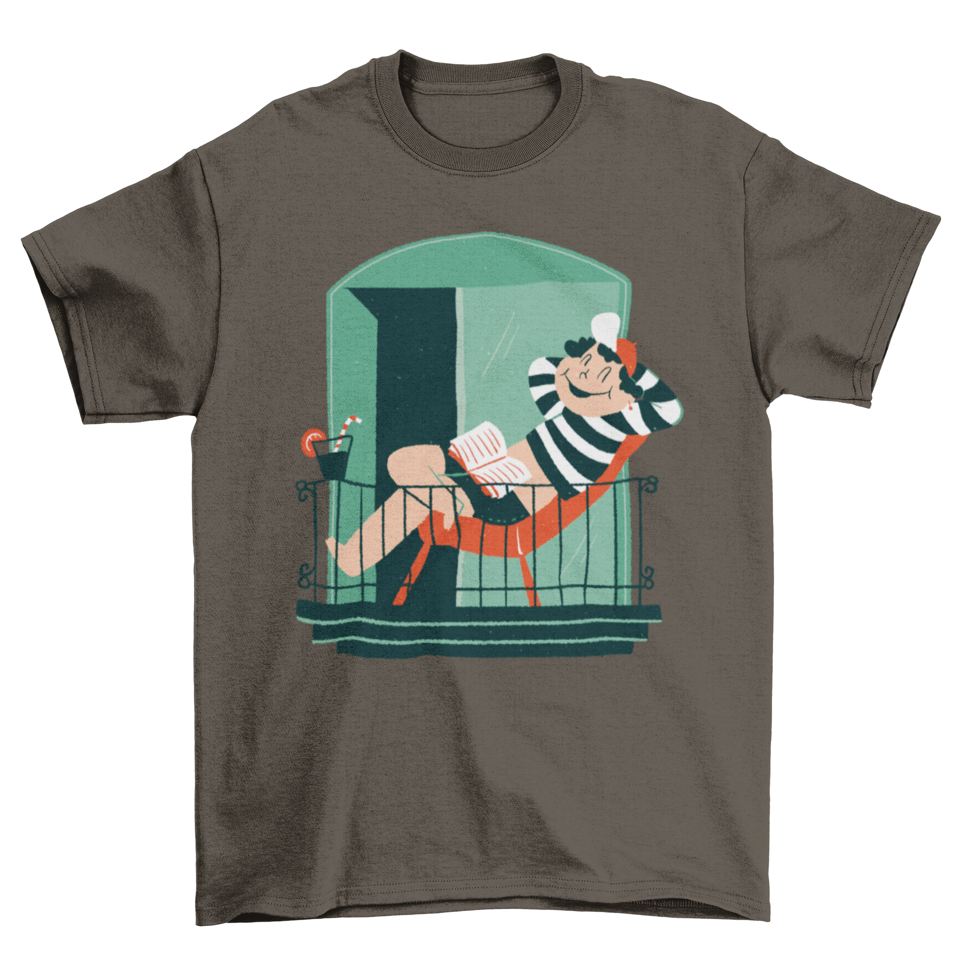 A colorful T-shirt design featuring a boy relaxing on a balcony, perfect for casual wear and merchandise.