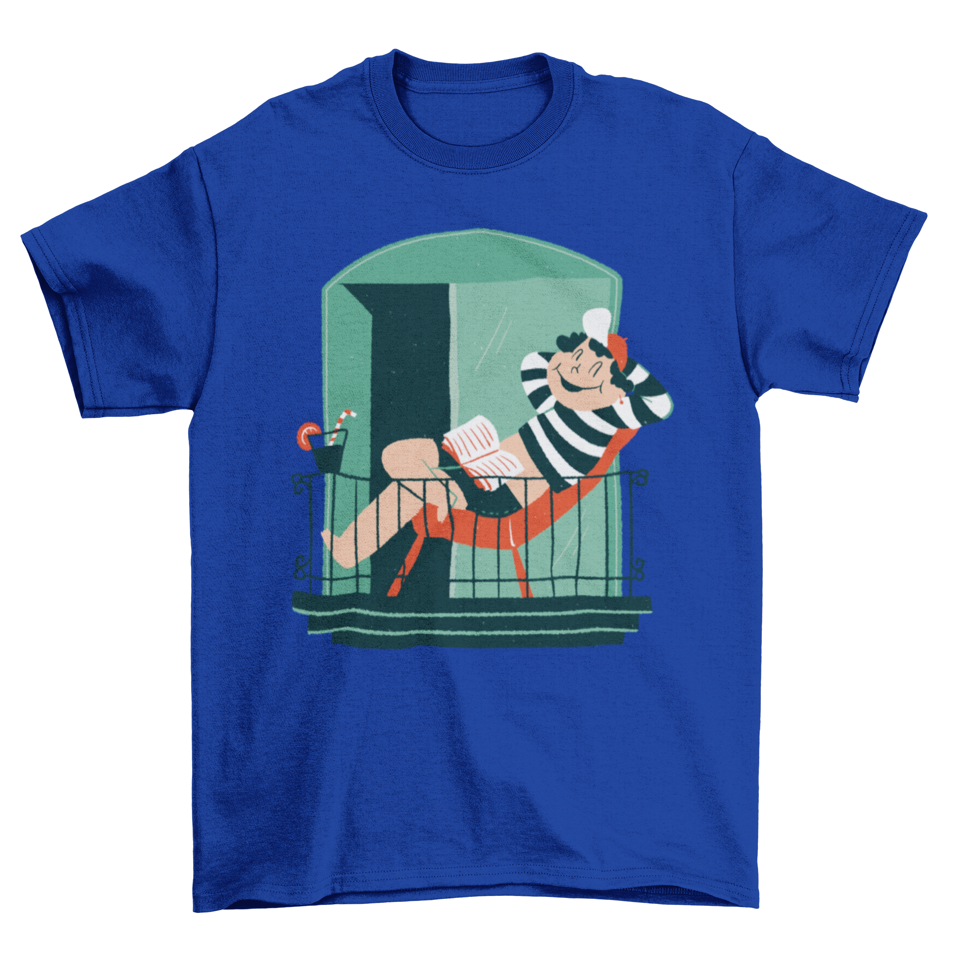 A colorful T-shirt design featuring a boy relaxing on a balcony, perfect for casual wear and merchandise.