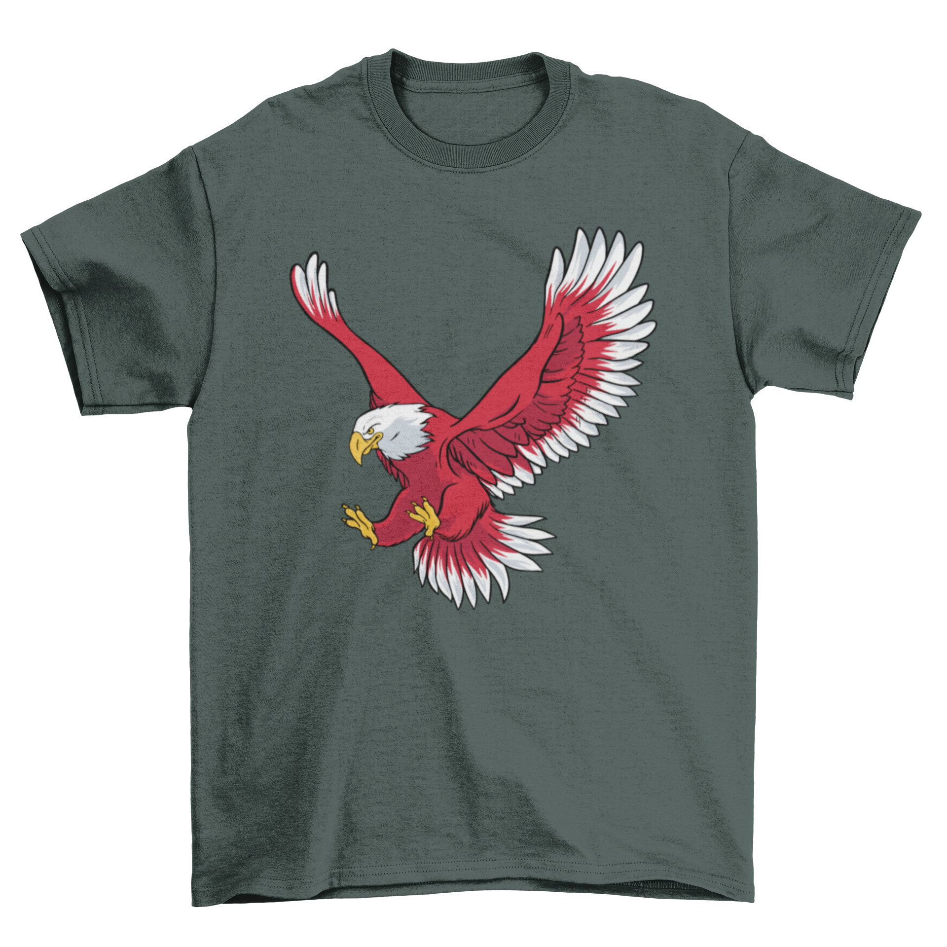 A stylish T-shirt featuring a bald eagle soaring in flight, showcasing its majestic wings and detailed design.