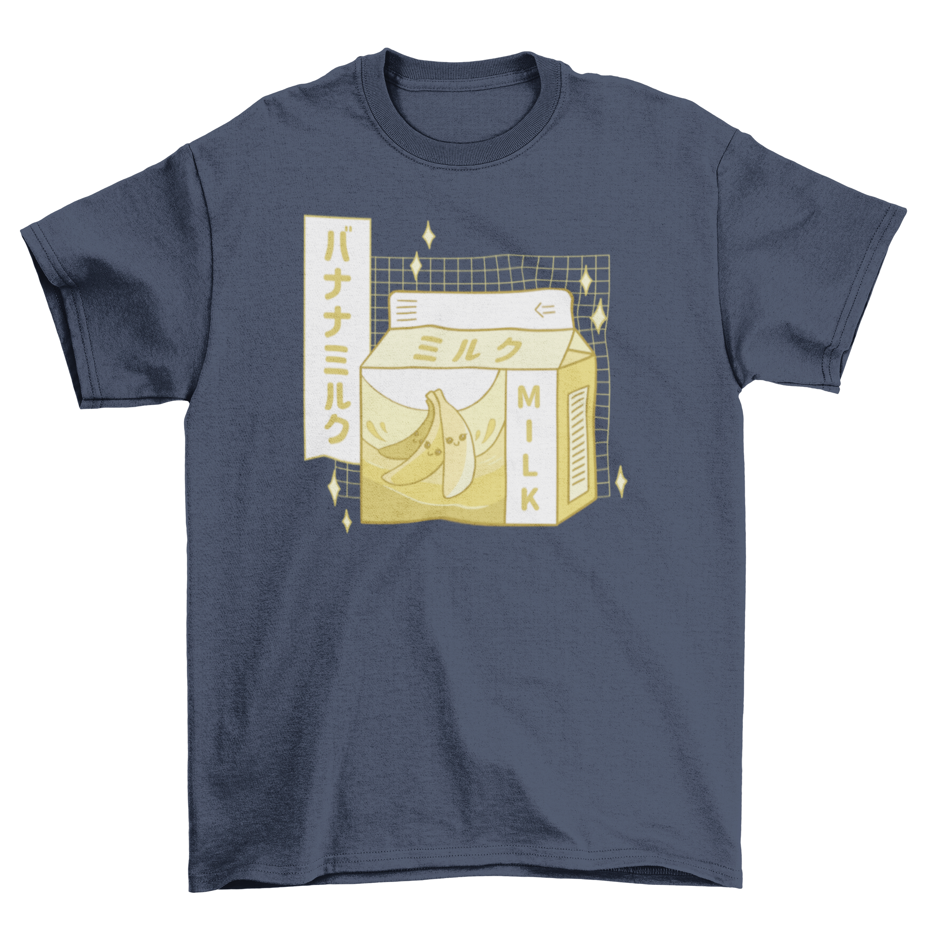 Cute t-shirt design featuring a banana milk carton with Japanese characters, perfect for casual wear.
