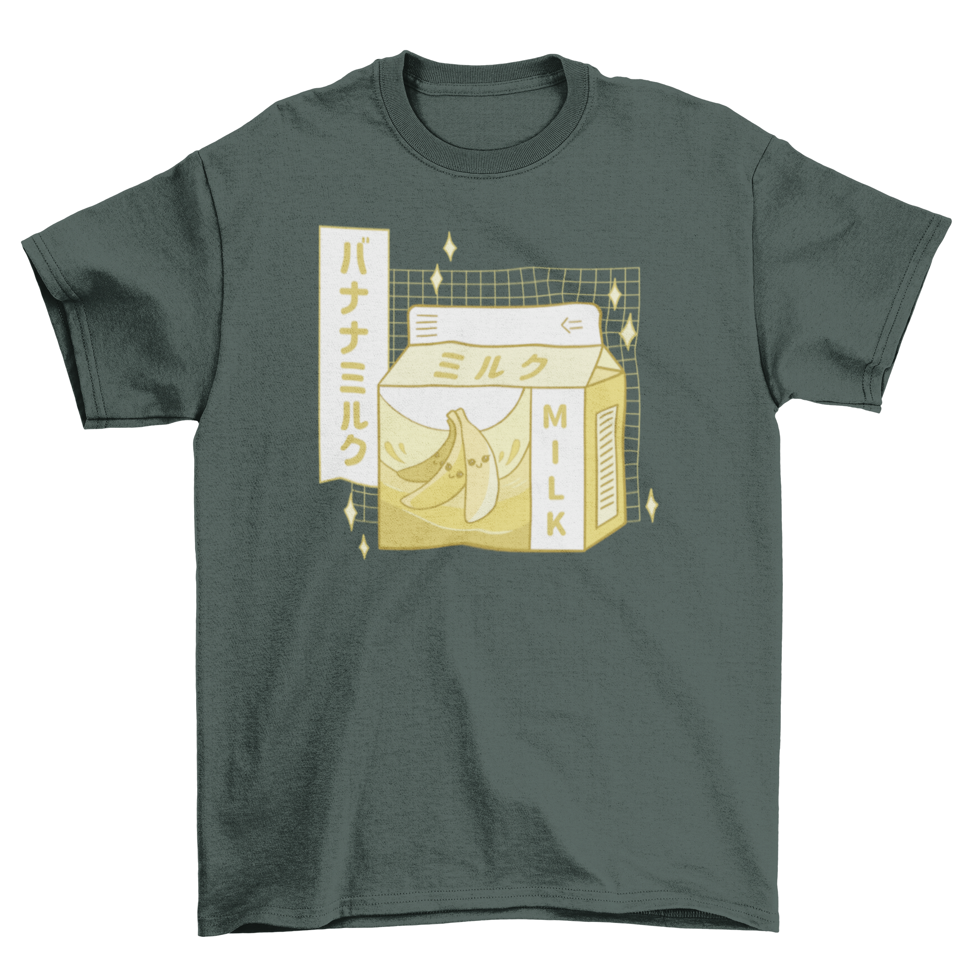 Cute t-shirt design featuring a banana milk carton with Japanese characters, perfect for casual wear.