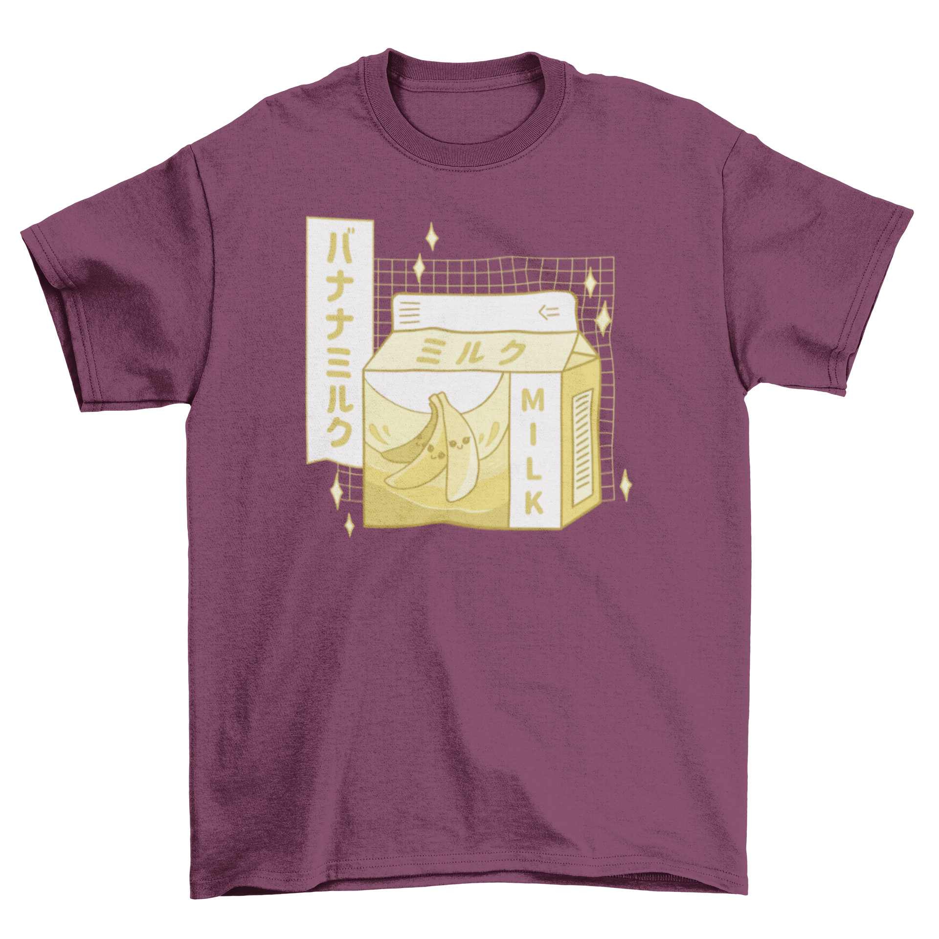 Cute t-shirt design featuring a banana milk carton with Japanese characters, perfect for casual wear.