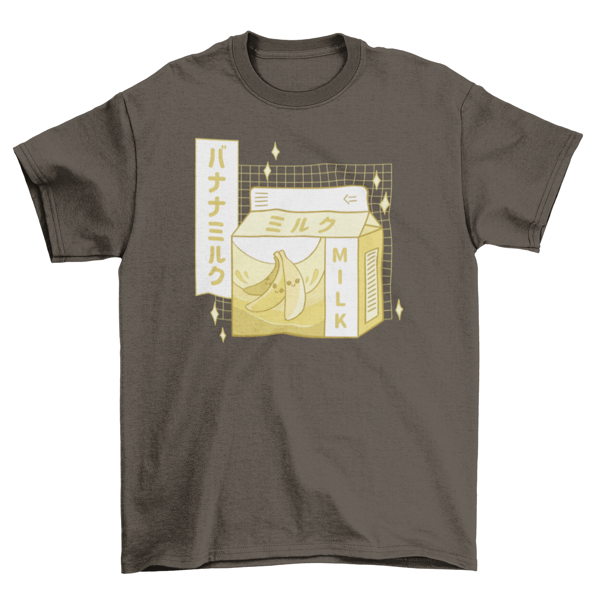 Cute t-shirt design featuring a banana milk carton with Japanese characters, perfect for casual wear.