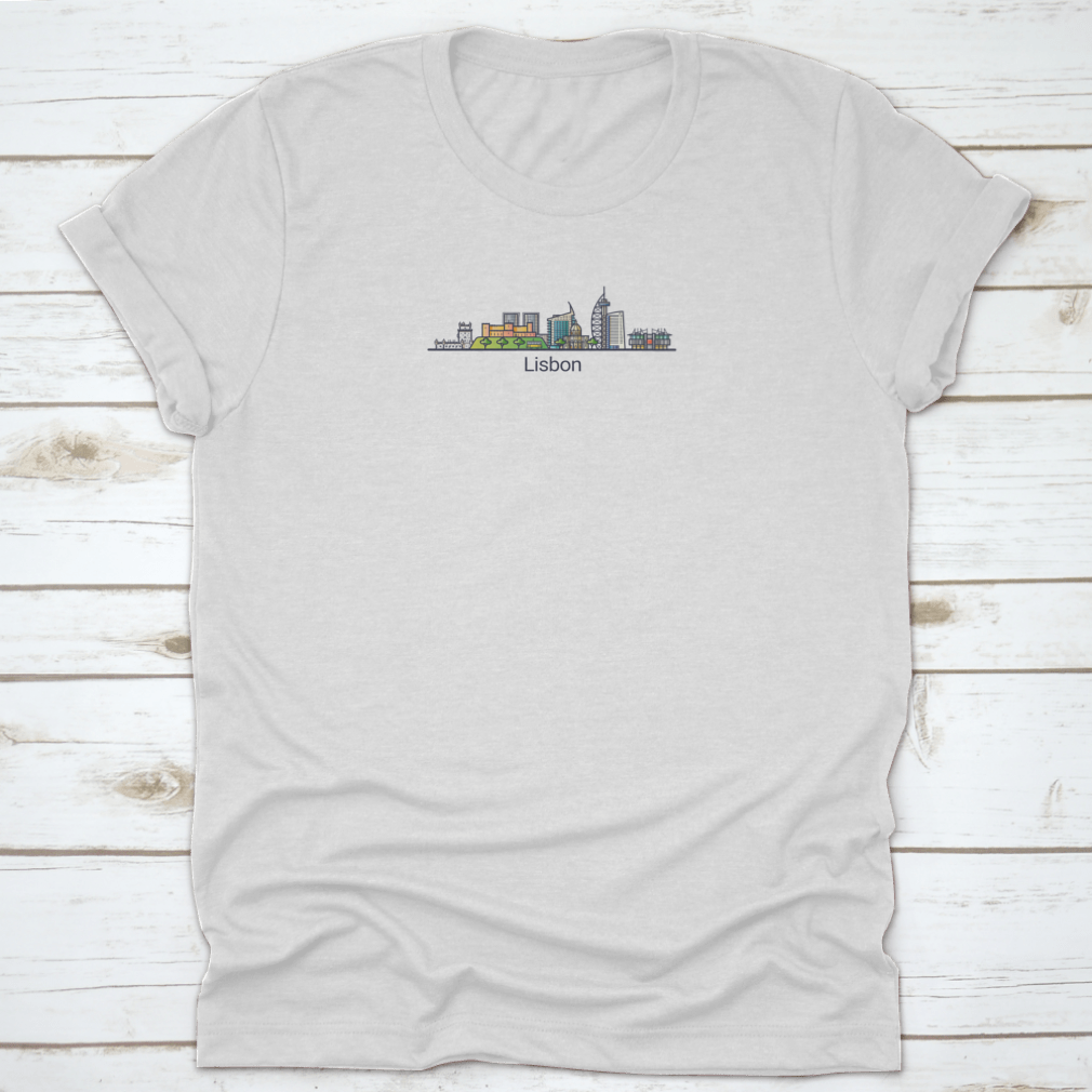 A beautifully designed flat line art banner depicting iconic Lisbon city landmarks in a minimalist style.