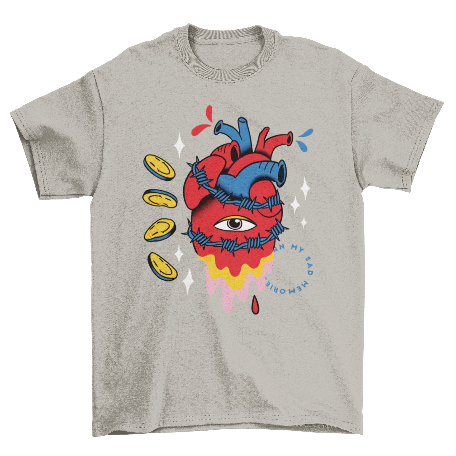 A trippy t-shirt featuring a surreal one-eyed heart design surrounded by barbed wire, showcasing a unique artistic style.