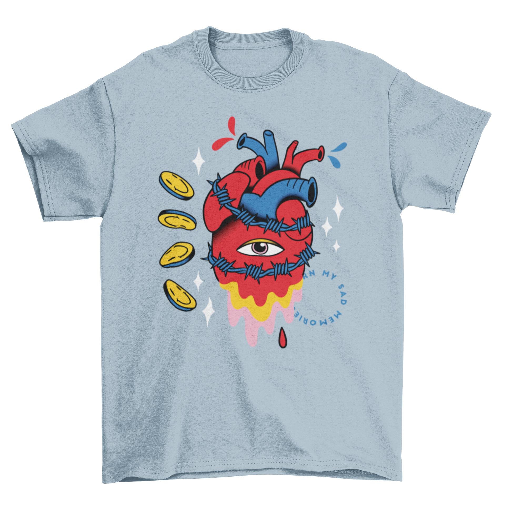 A trippy t-shirt featuring a surreal one-eyed heart design surrounded by barbed wire, showcasing a unique artistic style.
