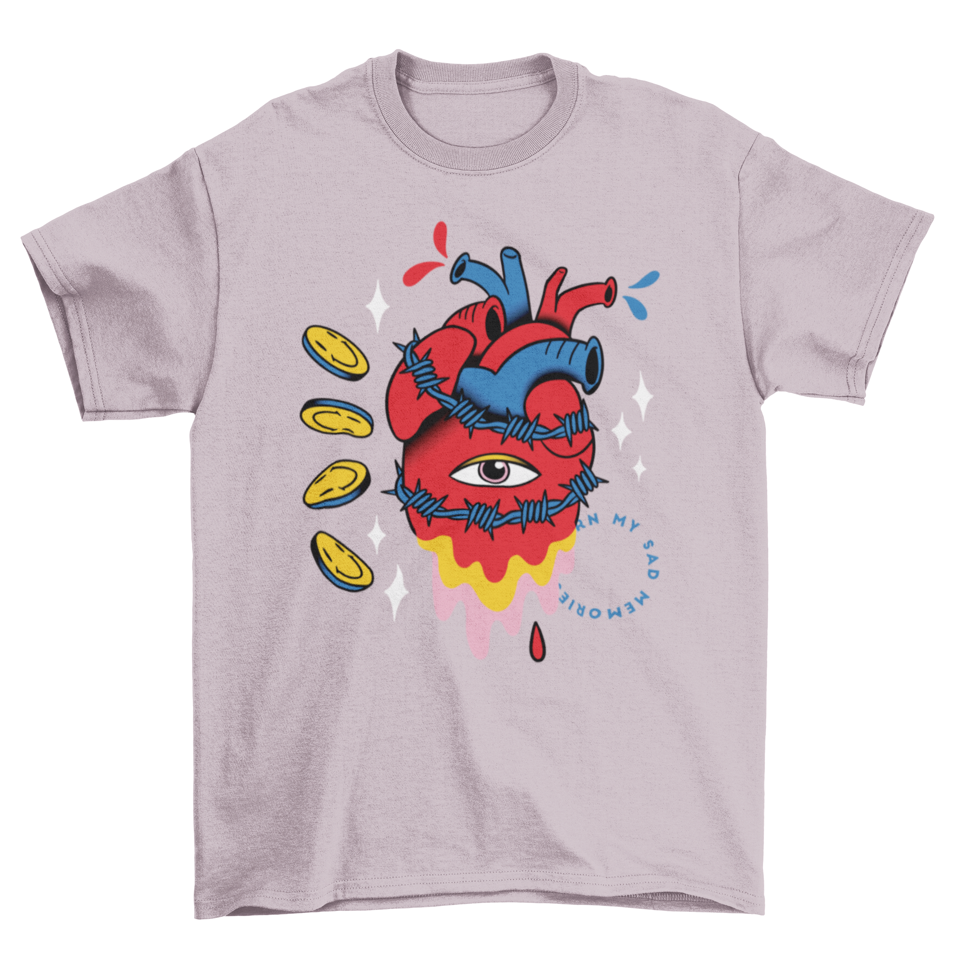 A trippy t-shirt featuring a surreal one-eyed heart design surrounded by barbed wire, showcasing a unique artistic style.