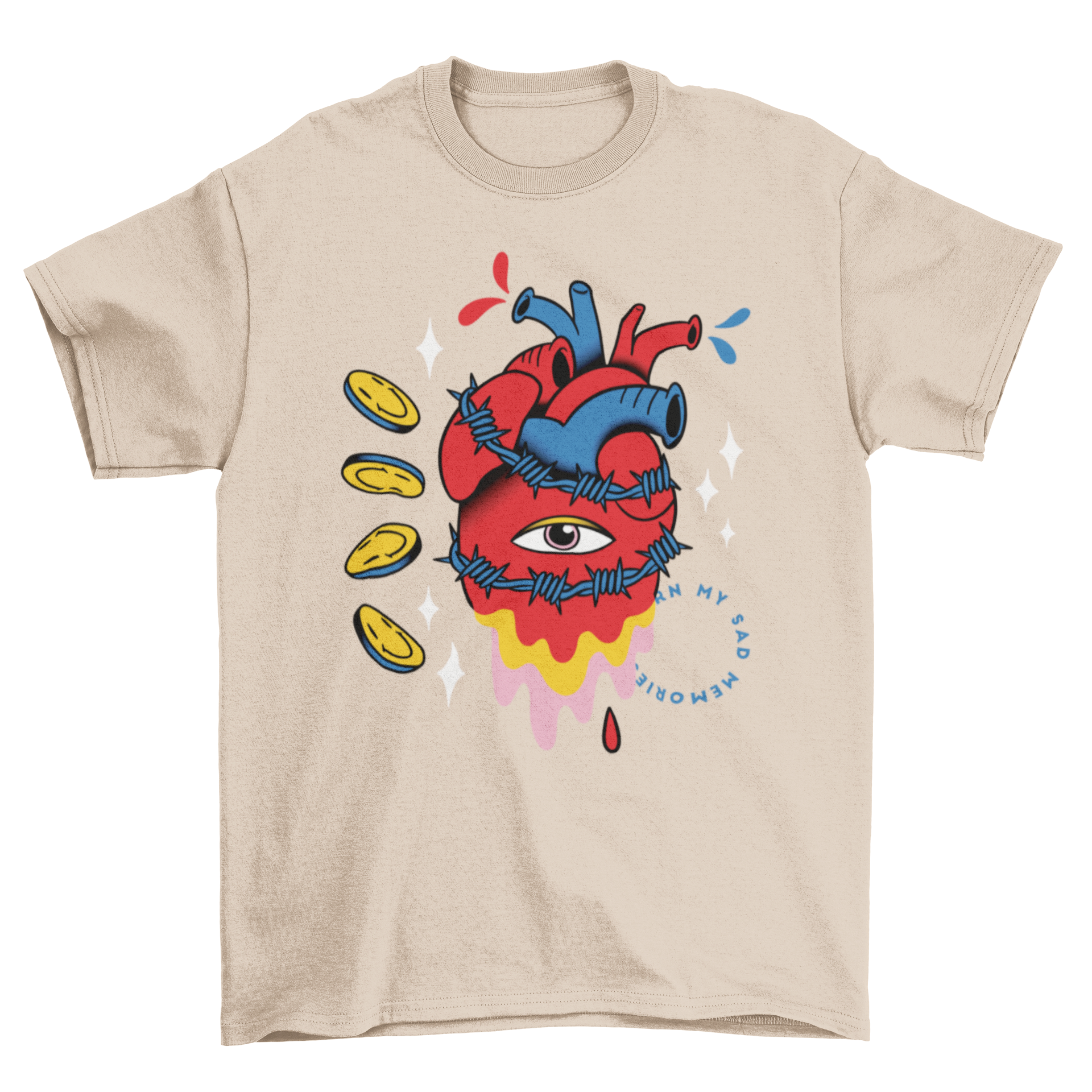 A trippy t-shirt featuring a surreal one-eyed heart design surrounded by barbed wire, showcasing a unique artistic style.