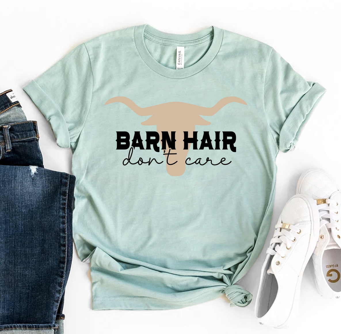 Barn Hair Don't Care T-shirt made from premium ring spun cotton, featuring a stylish flex print design.