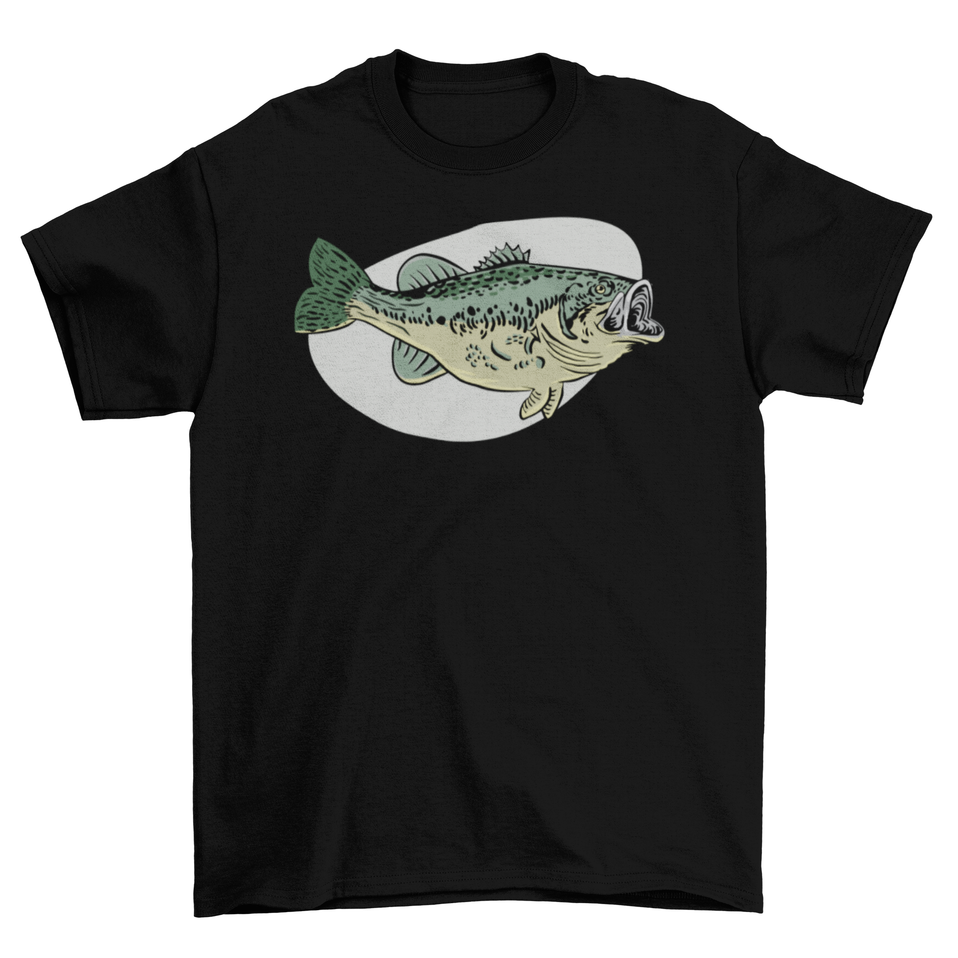 A stylish t-shirt featuring a detailed illustration of a bass fish, perfect for fishing enthusiasts.