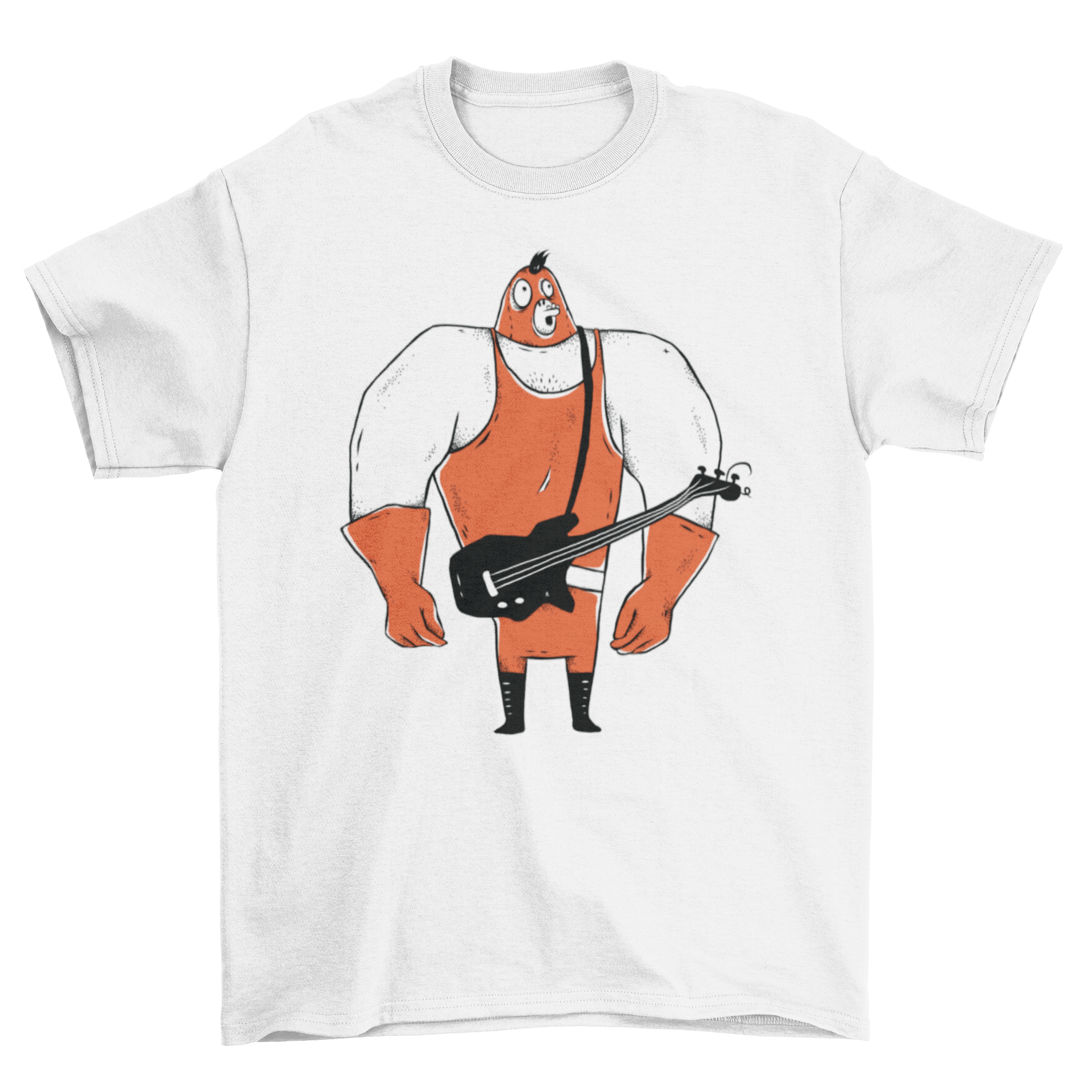 A cartoon design of a muscular bass player wearing a face mask on a stylish t-shirt.