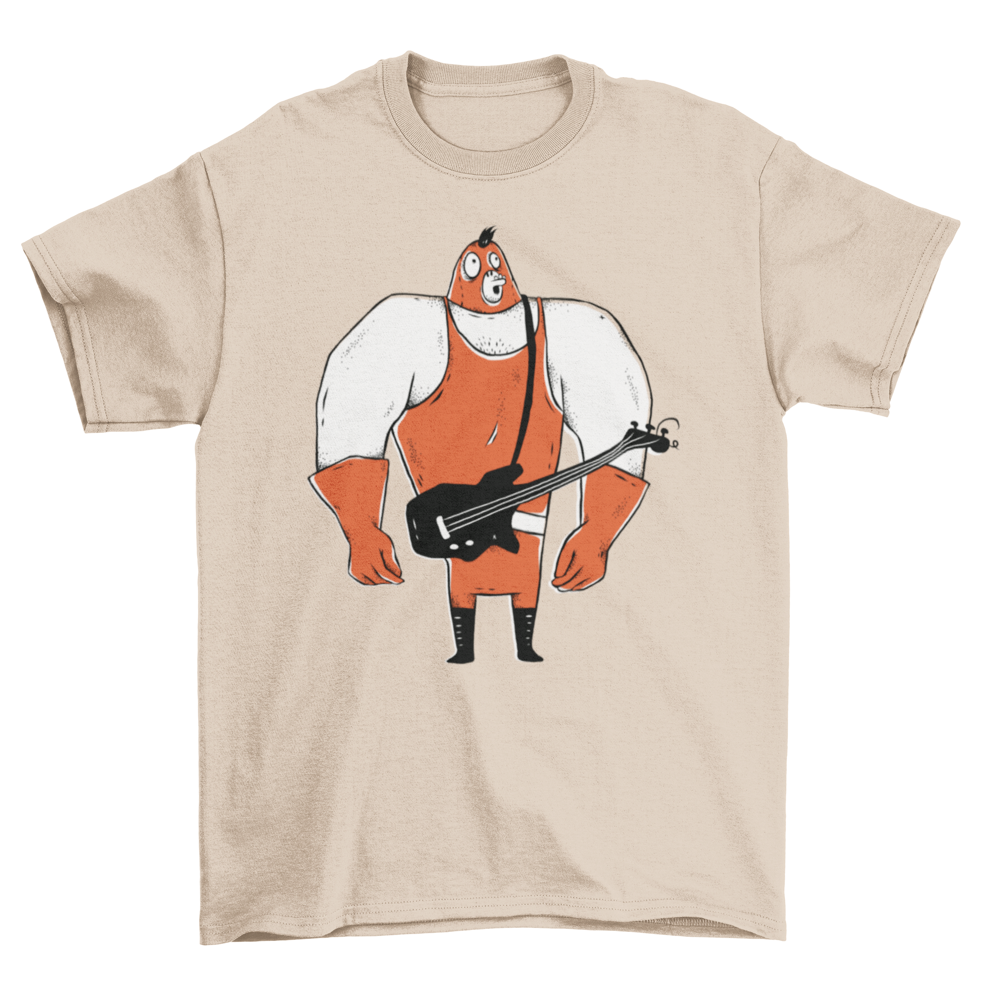 A cartoon design of a muscular bass player wearing a face mask on a stylish t-shirt.