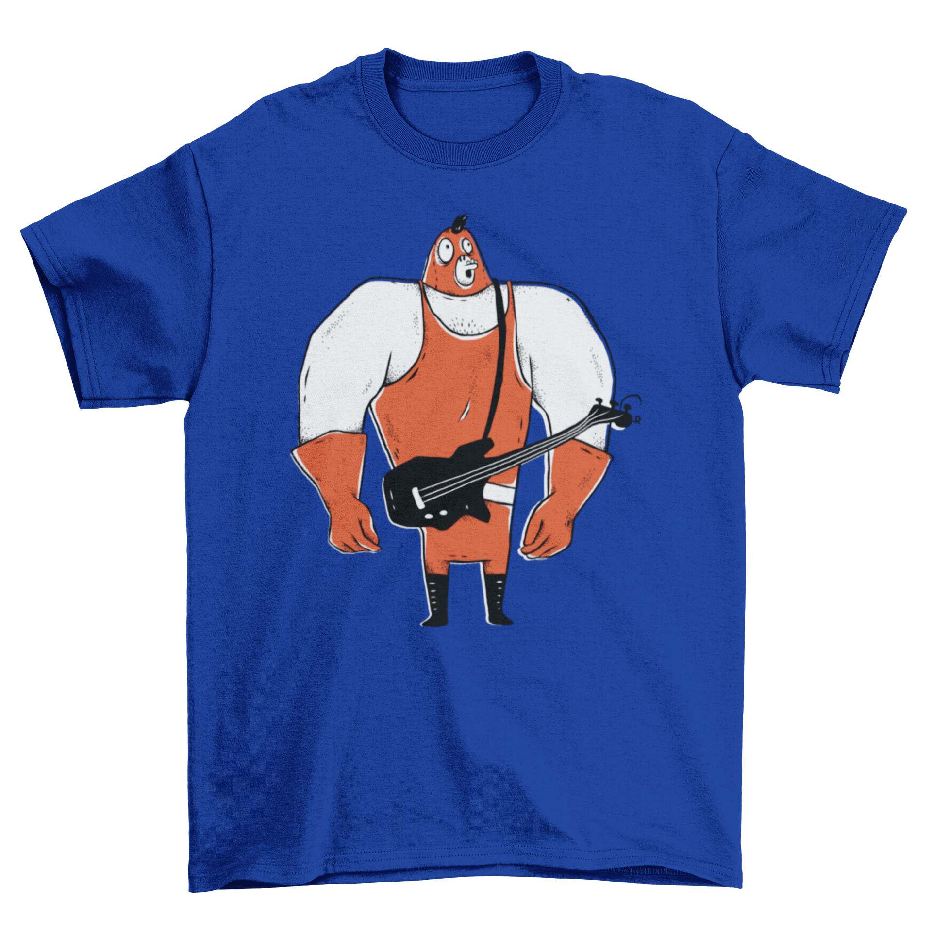 A cartoon design of a muscular bass player wearing a face mask on a stylish t-shirt.