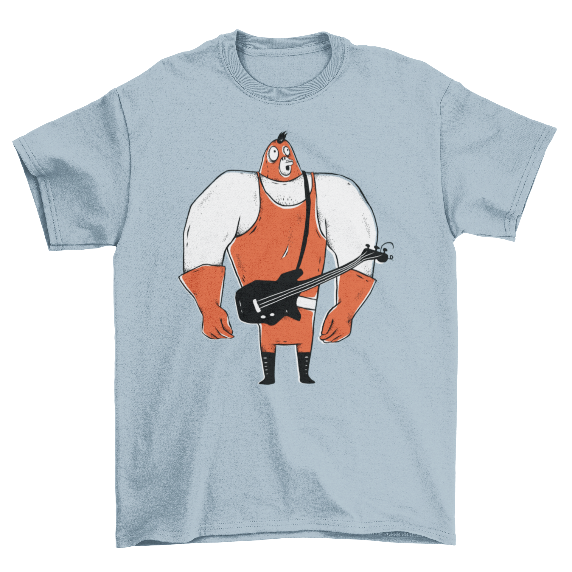 A cartoon design of a muscular bass player wearing a face mask on a stylish t-shirt.