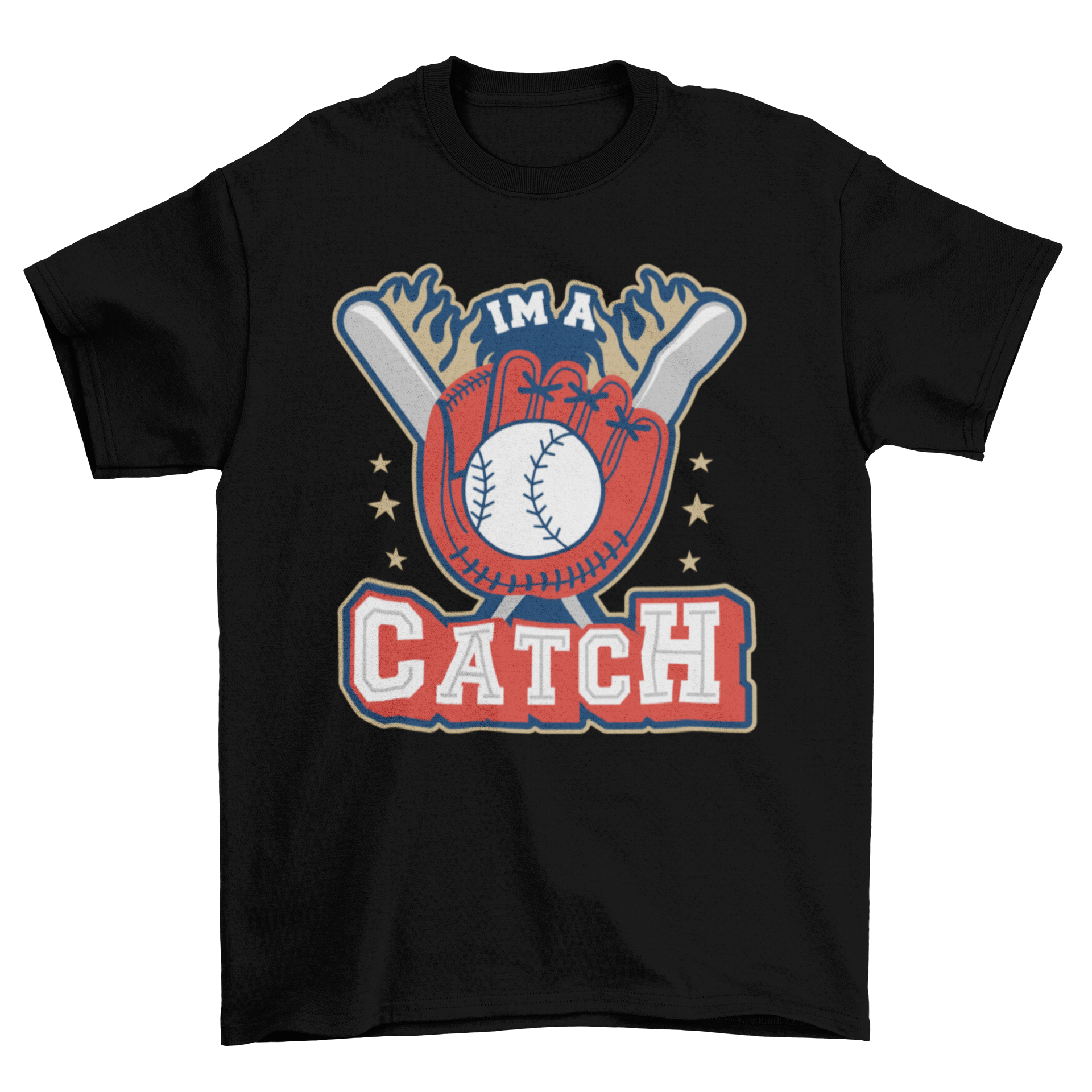 A humorous baseball-themed t-shirt featuring a ball, glove, and bats with the quote 'I'm a catch'.