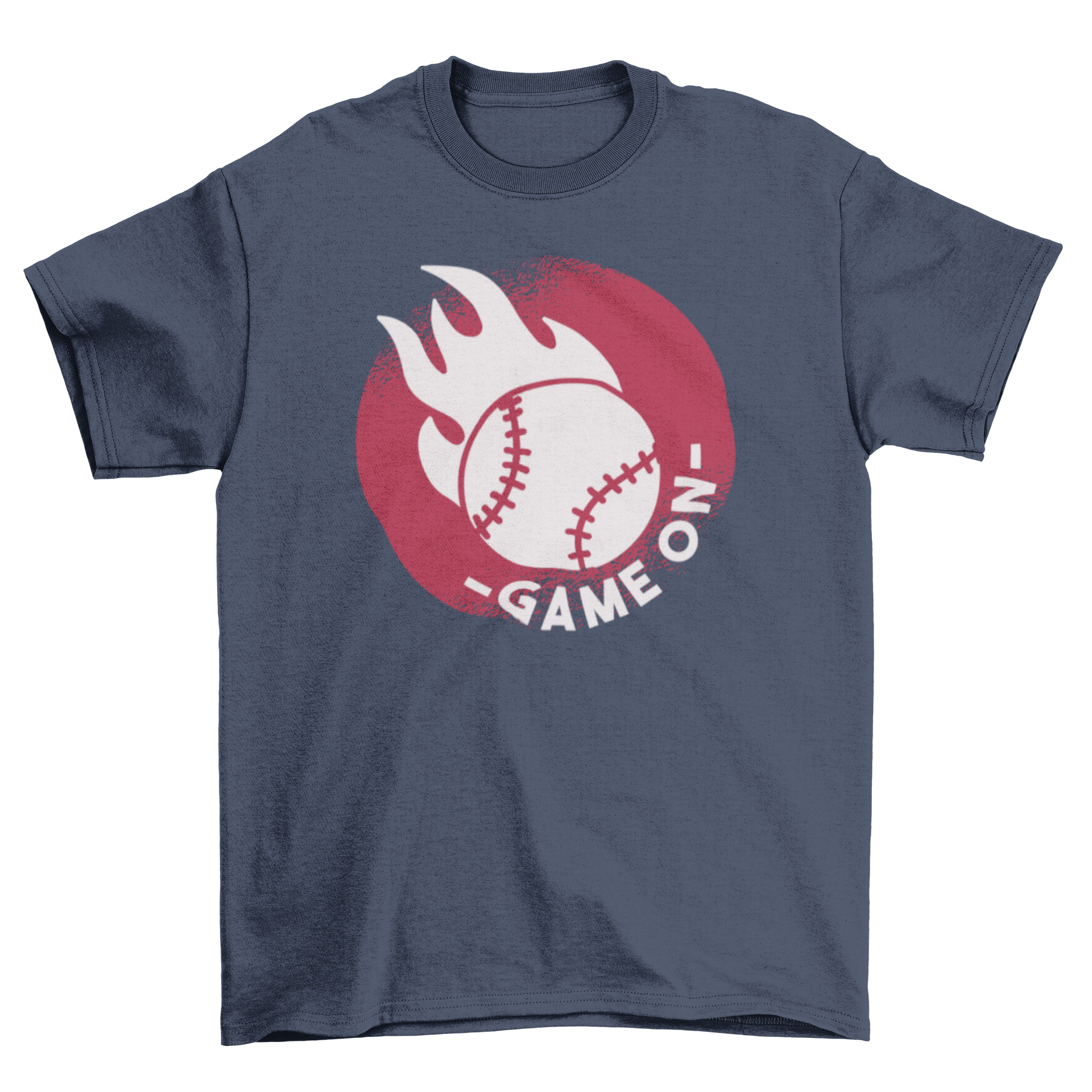A vibrant t-shirt design featuring a flaming baseball and 'Game On' caption inside a red circle badge.
