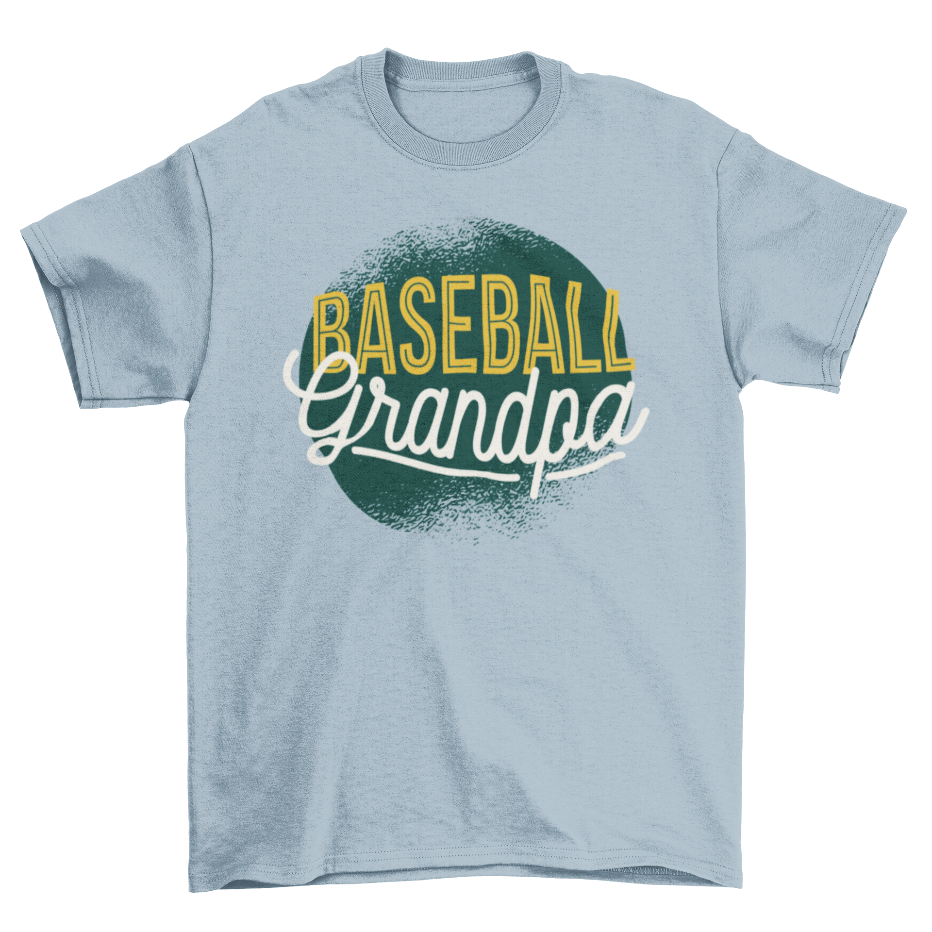 Baseball Grandpa T-shirt featuring yellow and white lettering on a green grunge background, perfect for baseball-loving grandfathers.