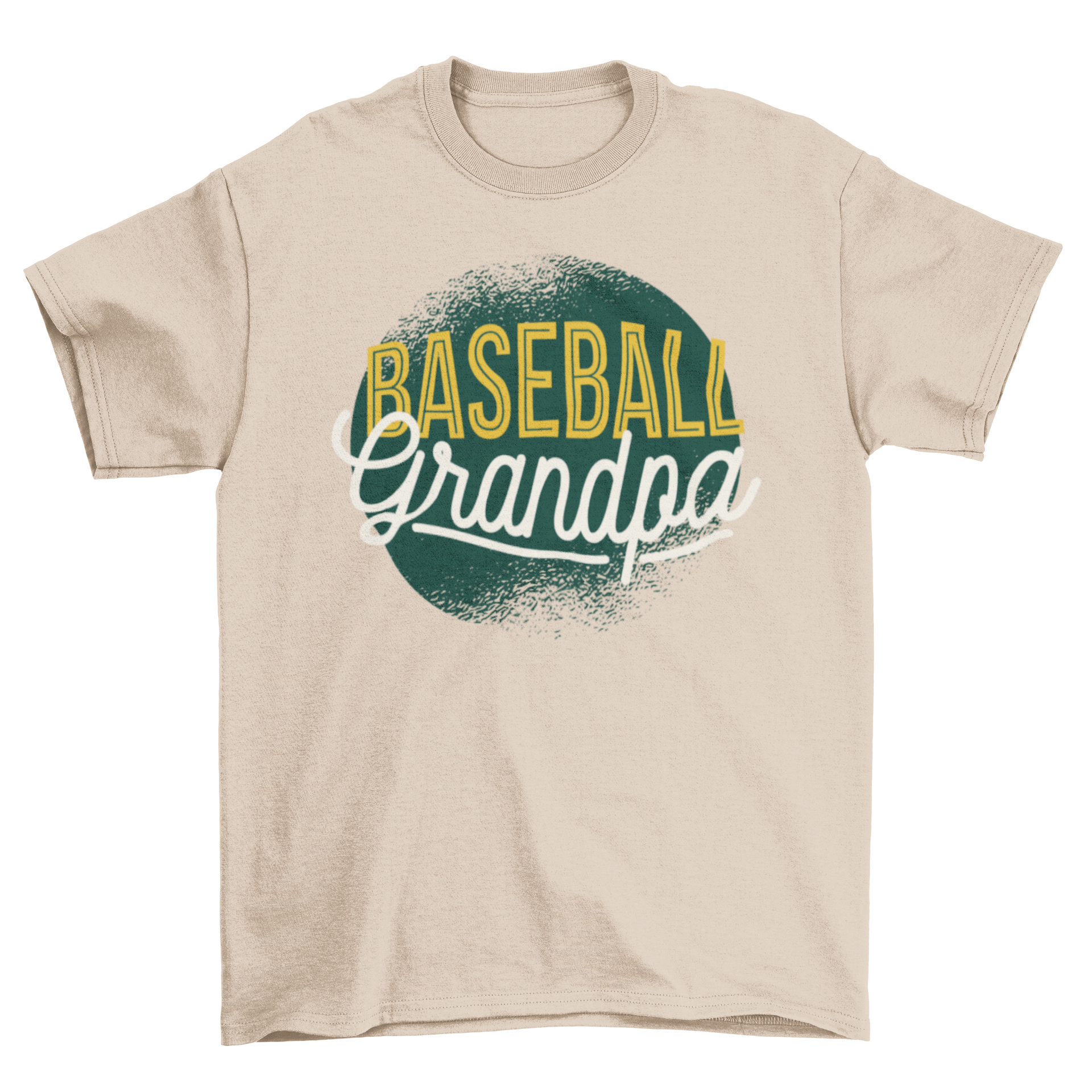 Baseball Grandpa T-shirt featuring yellow and white lettering on a green grunge background, perfect for baseball-loving grandfathers.